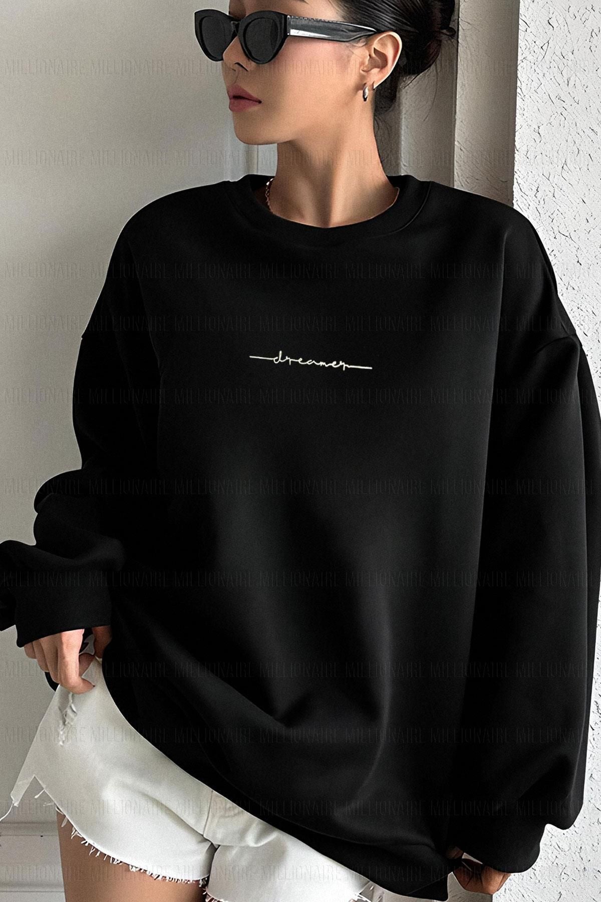 Millionaire Kadın Kırık Beyaz Krem Ekru Dreamer Baskılı 0 Sıfır Yaka Oversize Salaş Bol Kesim Polar Sweatshirt