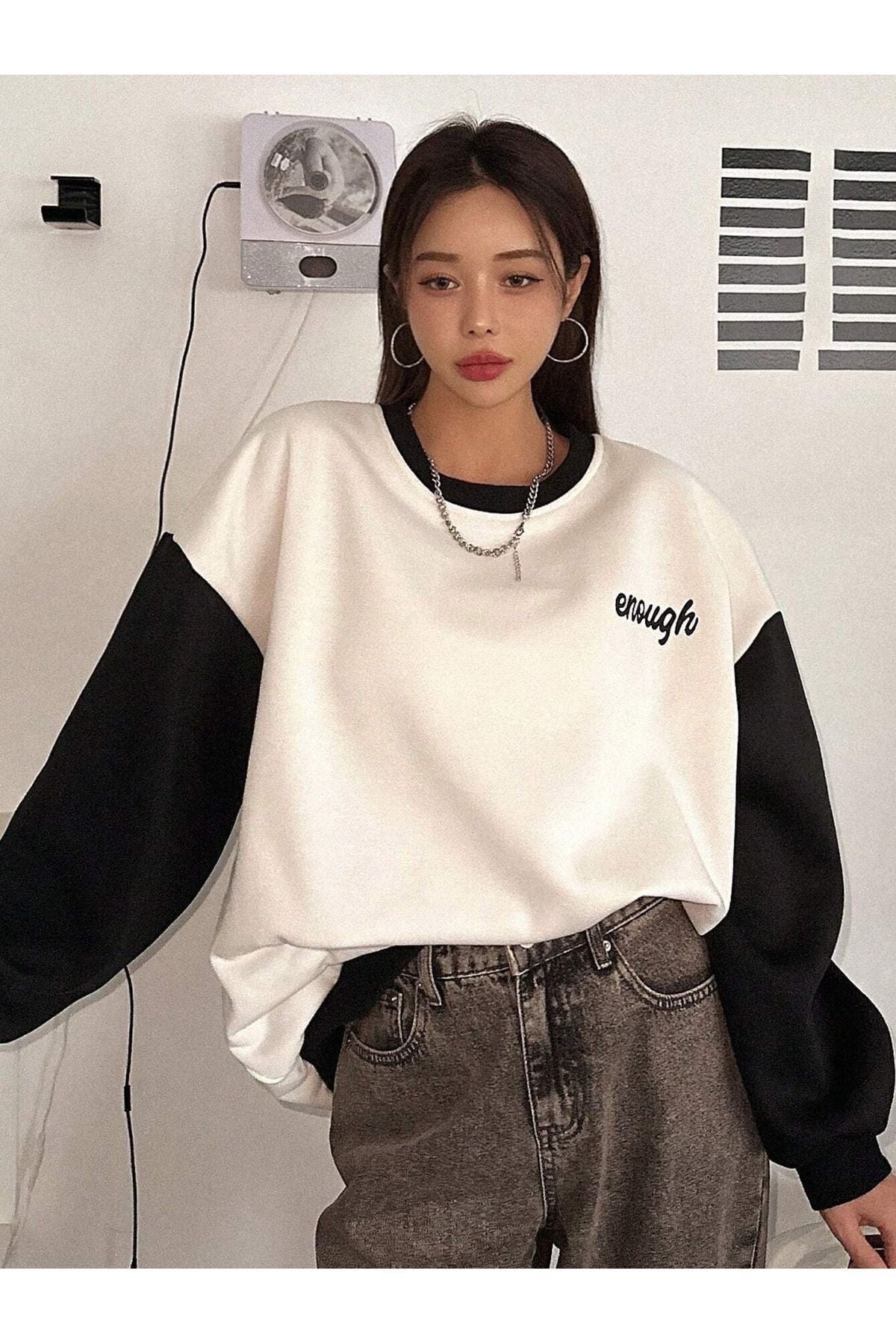 Know Kadın 3 Iplik Beyaz Enough Baskılı Füme Kol Detay Oversize Sweatshirt