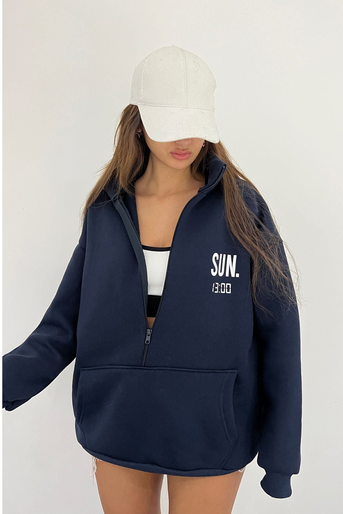 Sun Victoria Lacivert Unisex Dik Yaka Fermualı Oversize 3 Iplik İçi Şardonlu Baskılı Sweatshirt