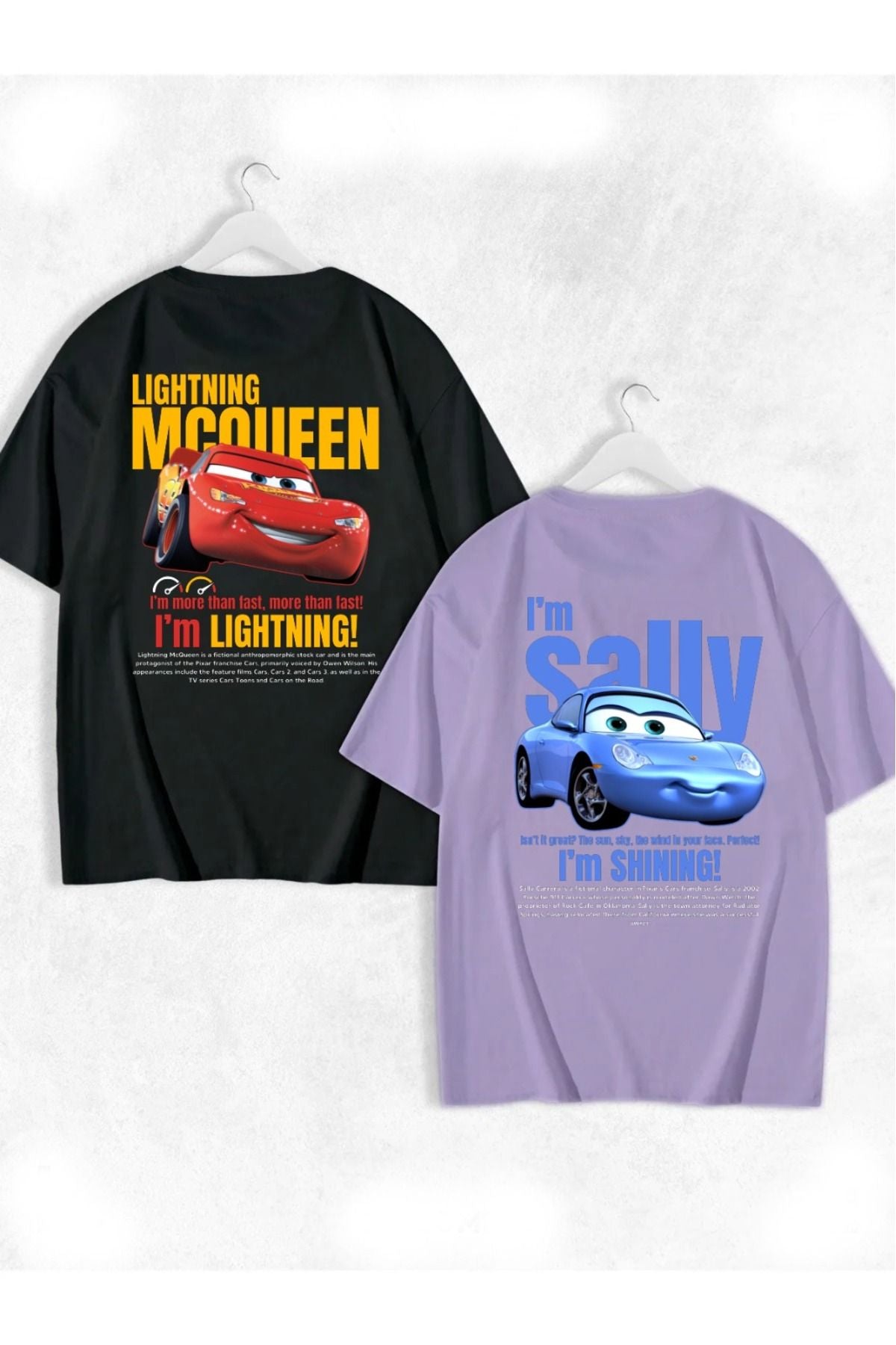 FULL TOLERANCE Unisex Siyah Beyaz I'm Sally Ve Şimşek McQueen Cars Baskılı 2'li Kısa Kol %100 Pamuk T-shirt