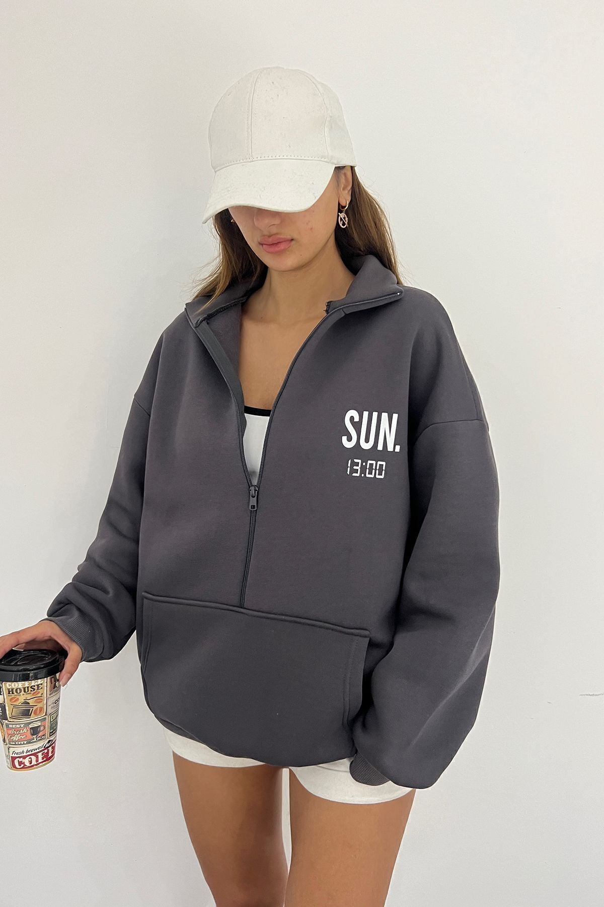 Sun Victoria Lacivert Unisex Dik Yaka Fermualı Oversize 3 Iplik İçi Şardonlu Baskılı Sweatshirt