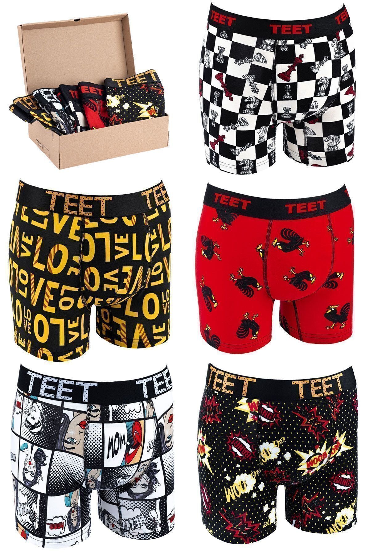 TEET Erkek Boxer Premium 5'li Set Pamuklu Likralı Desenli Tam Kalıp