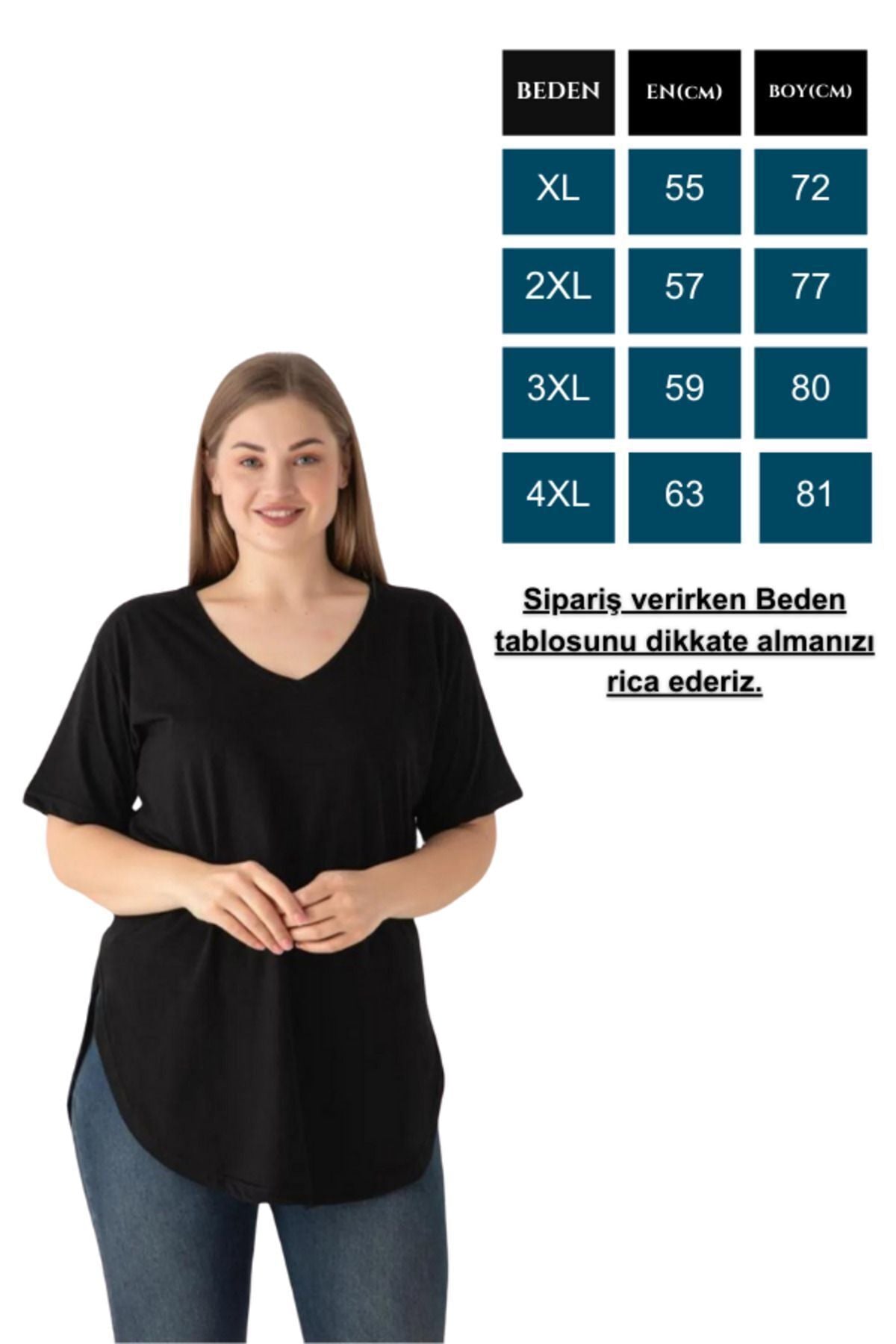 Trendbade Butik Kadın V Yaka Büyük Beden T-shirt Siyah