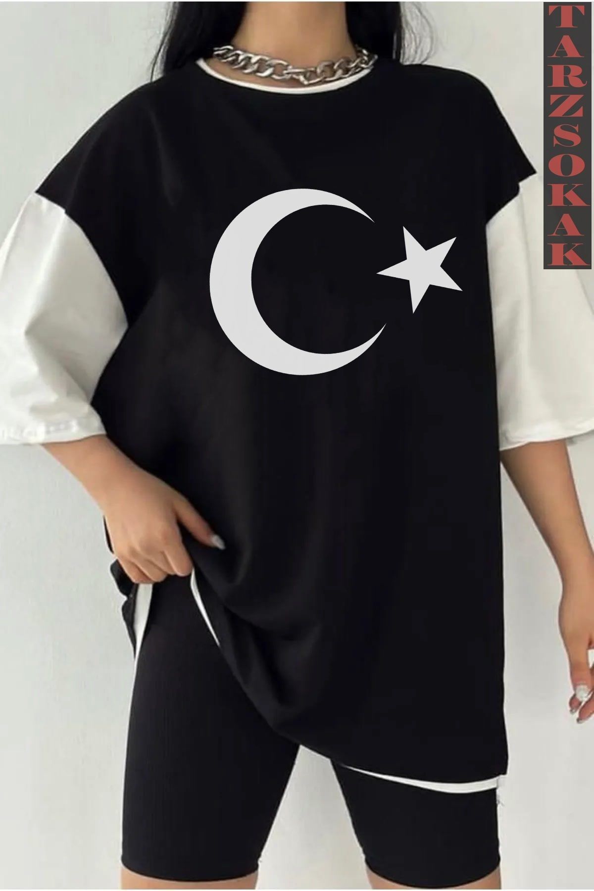 Tarzsokak Siyah Oversize Çift Renk Brooklyn Baskılı Unisex Tshirtt