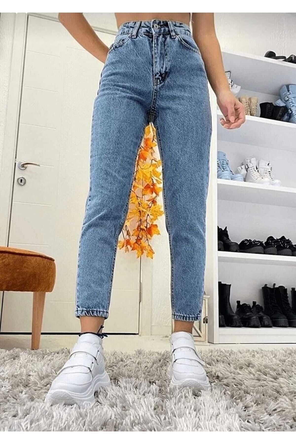 geenz manifacture Ngbutika Açık Mavi Mom Jeans Likralı Yüksek Bel Mavi Kar Yıkamalı Mom Kot Pantolon Ekstra Esnek