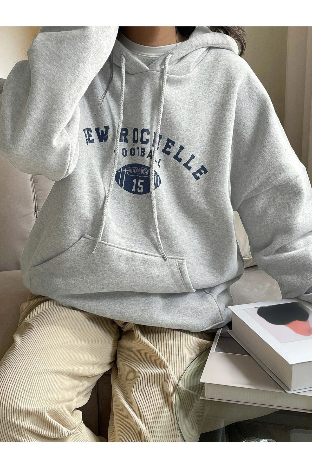 Benisengiydir Kadın Lacivert Rochelle Yazı Baskılı Oversize Kapüşonlu Sweatshirt