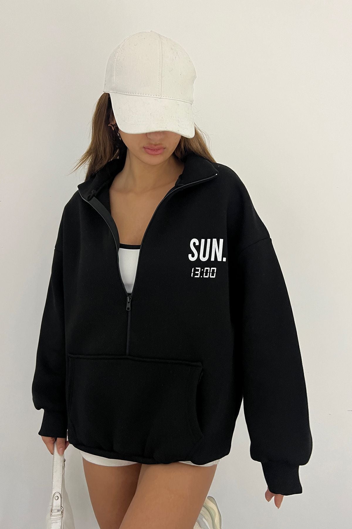 Sun Victoria Lacivert Unisex Dik Yaka Fermualı Oversize 3 Iplik İçi Şardonlu Baskılı Sweatshirt