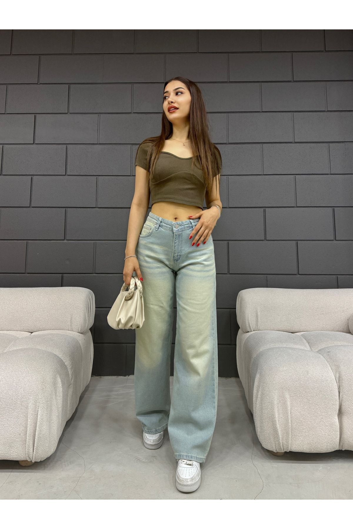 BİKELİFE Kadın Soluk Efekt Vintage Yüksek Bel Wide Leg Jeans