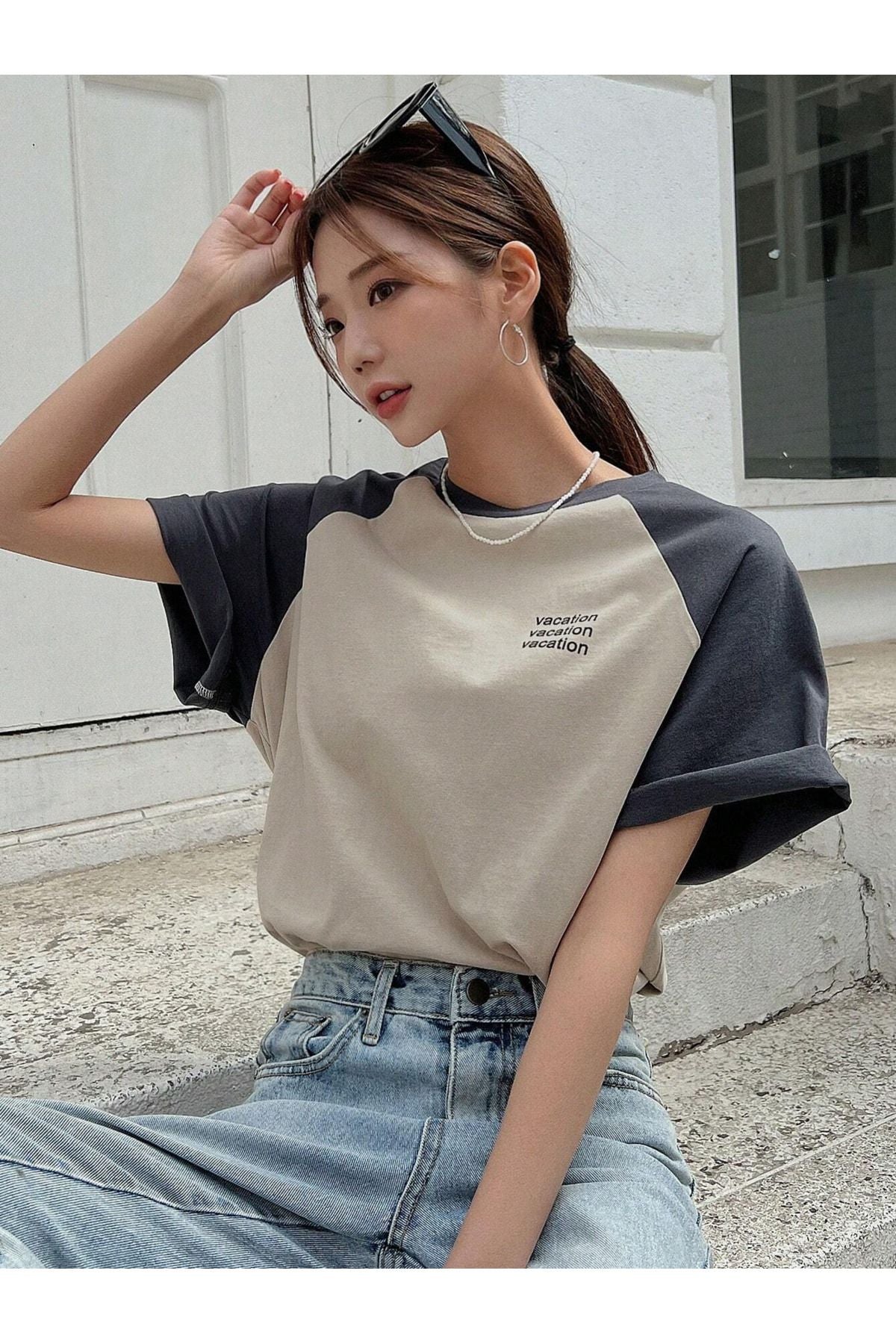 DUBU BUTİK Vocation Parçalı Süprem T-Shirt - Gri Lacivert Baskılı Oversize Bisiklet Yaka Kısa Kol Tişört