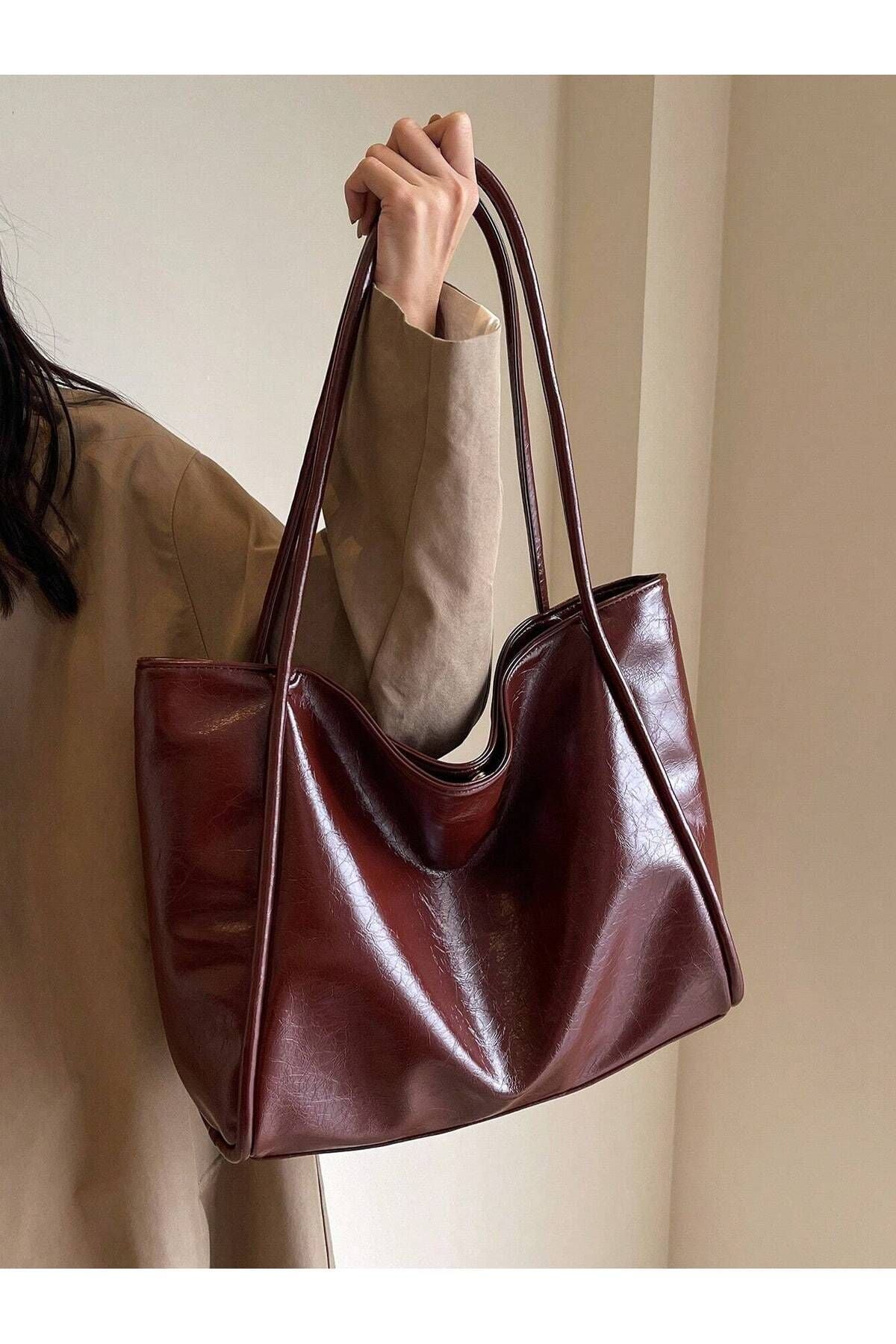 TECER Kadın Bordo Salaş Model Vintage Shopper El ve Omuz Çantası