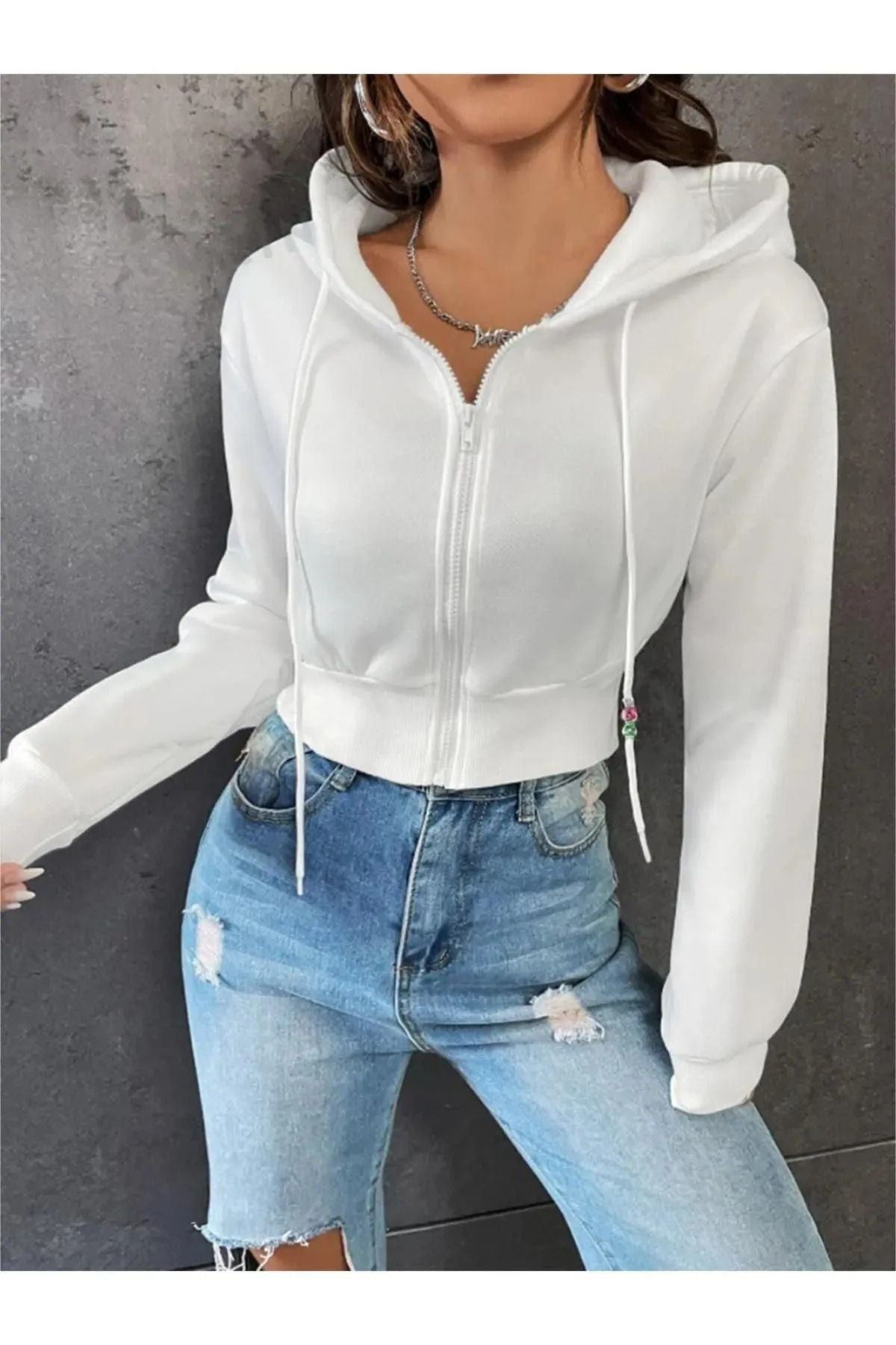 ER&WİER Kadın Fitted Crop Kapşonlu Zip Fermuarlı Polar Hırka Sweatshirt