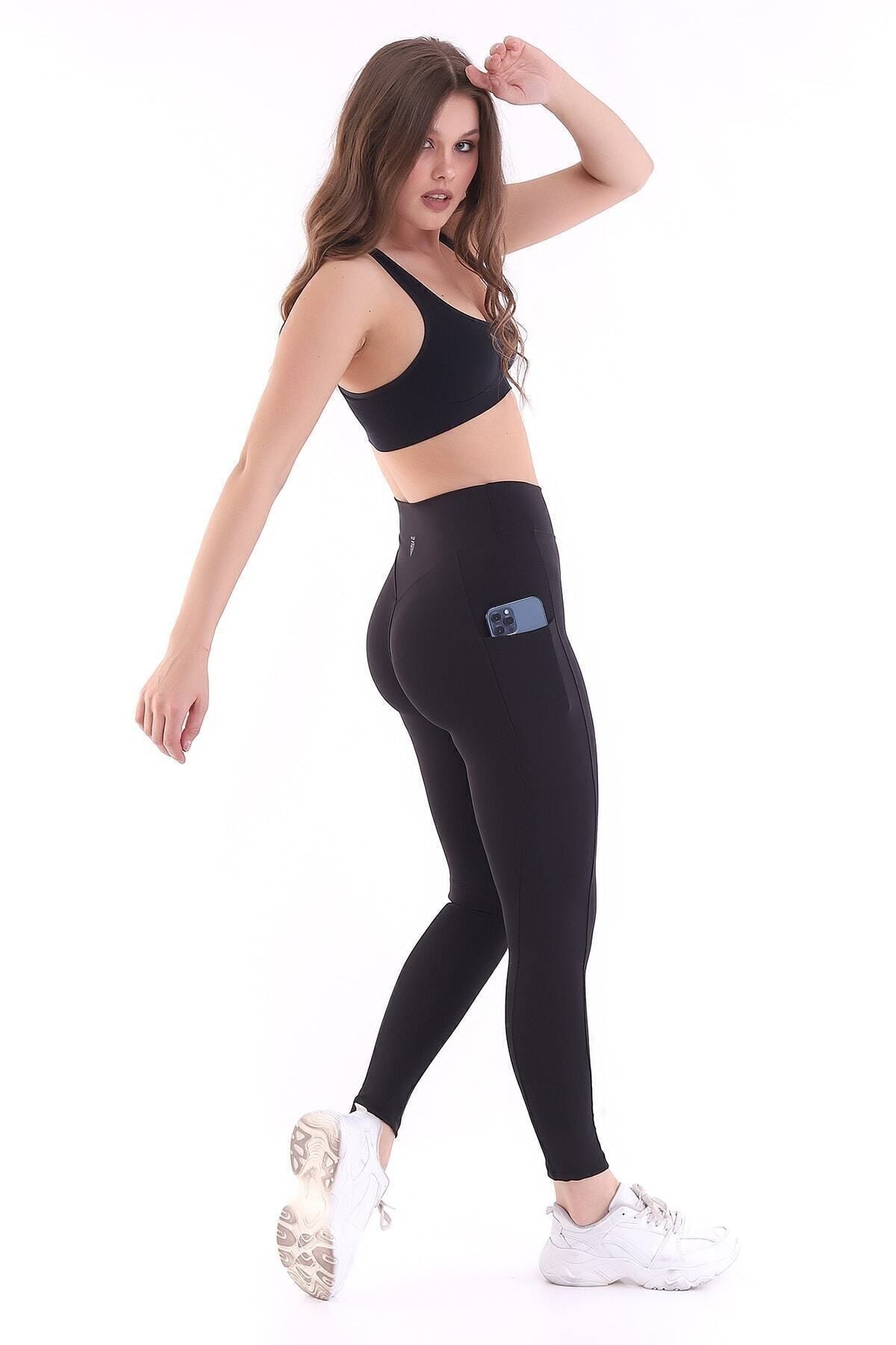 EMFURE Siyah Kadın Spor Tayt Çift Cepli Sıkılaştırıcı Toparlayıcı Yüksek Bel Sporcu Taytı Leggings Fitness