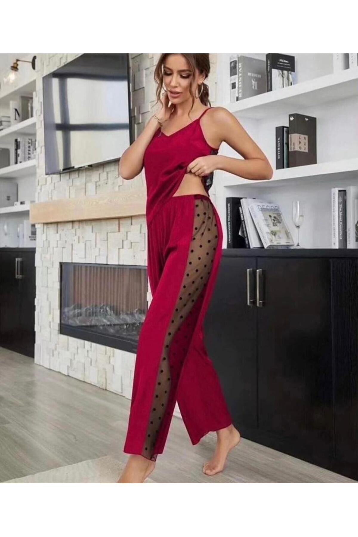 Rasabeauty Rasa Bambu Tül Detaylı Askılı Pijama Takımı Siyah