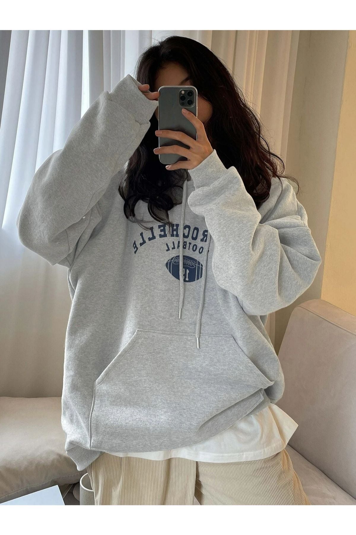 Benisengiydir Kadın Lacivert Rochelle Yazı Baskılı Oversize Kapüşonlu Sweatshirt