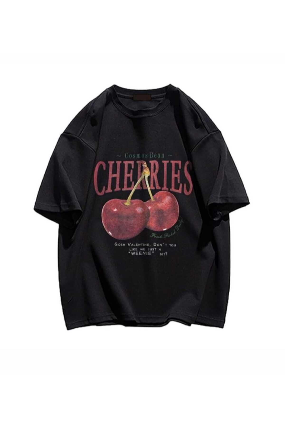 Elvino Red Cherries Baskılı Oversize Unisex  Tshirt