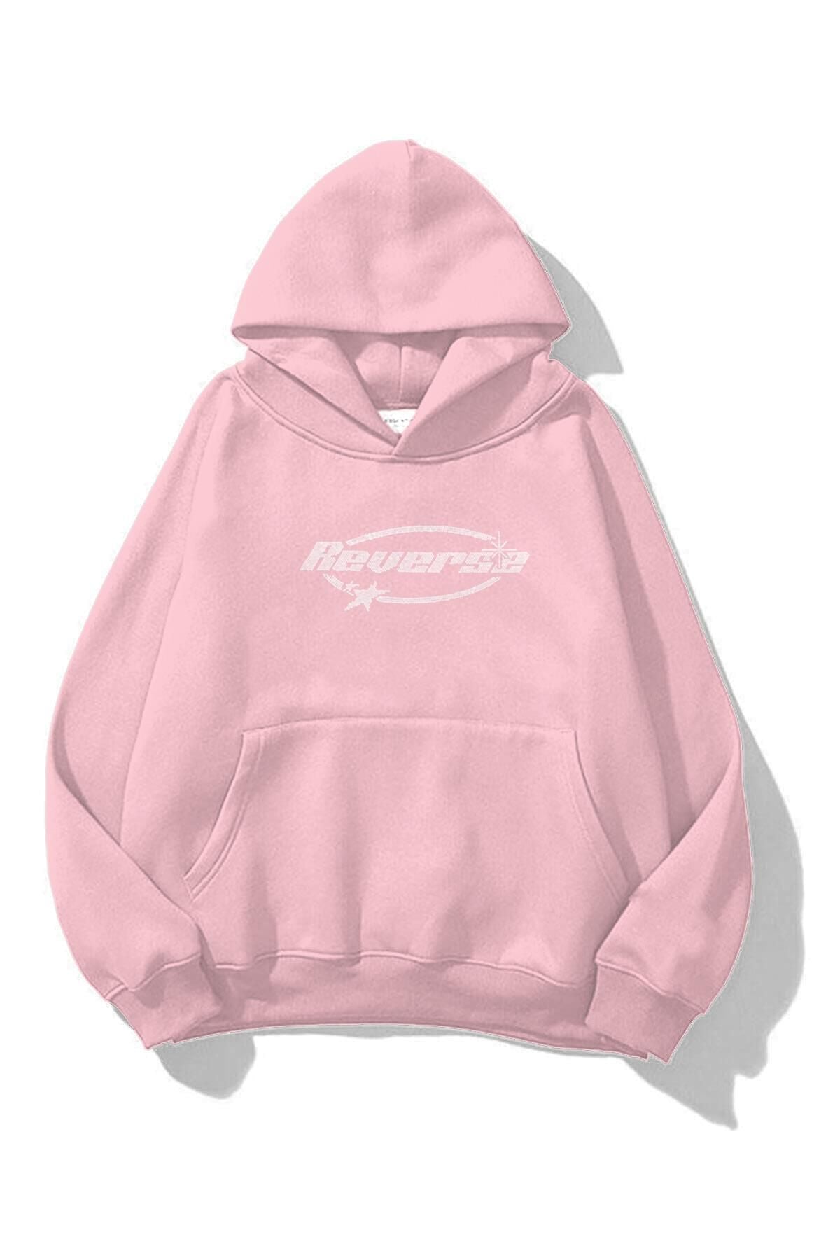 Trendiz Unisex Reverse Taş Baskılı Sweatshirt Pembe