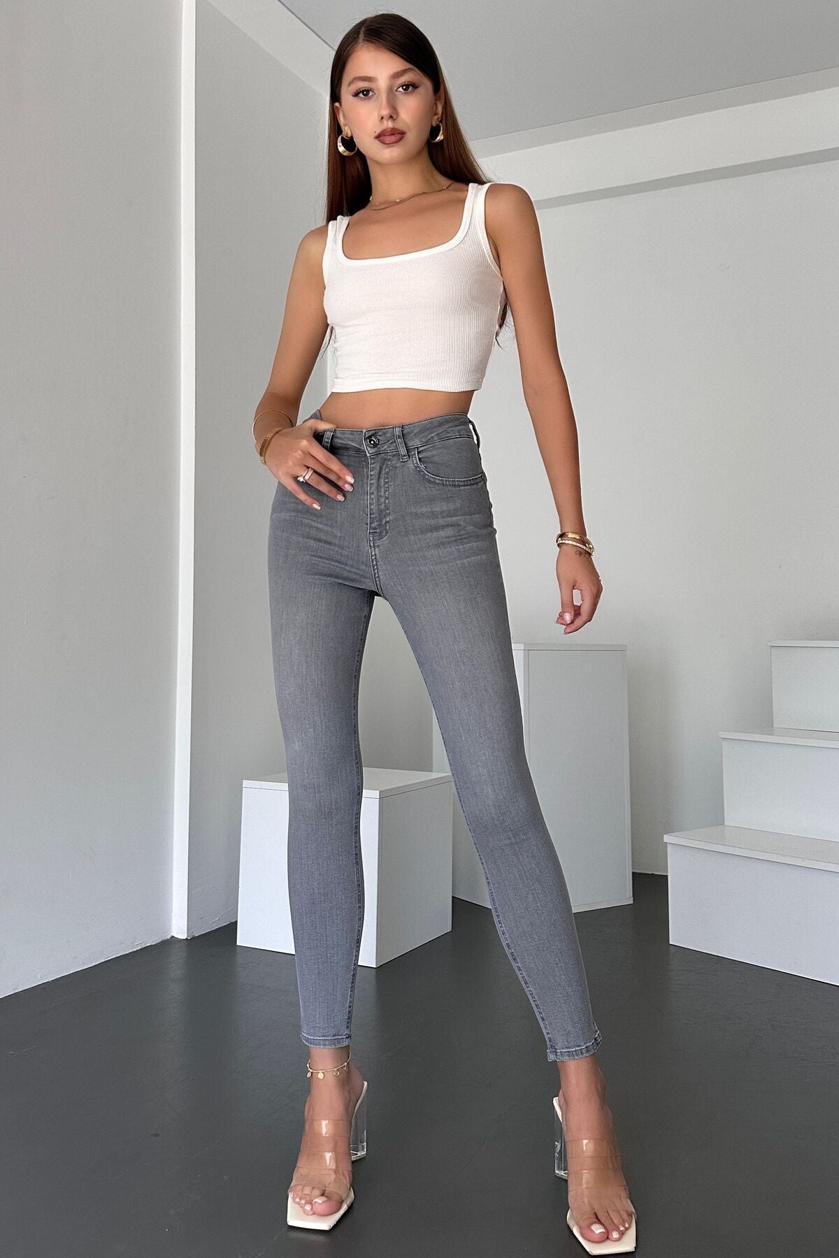 HLT JEANS Gri Kadın Skinny Fit Jean Yüksek Bel Likralı Esnek Kot Pantolon JENNİE-GRİ