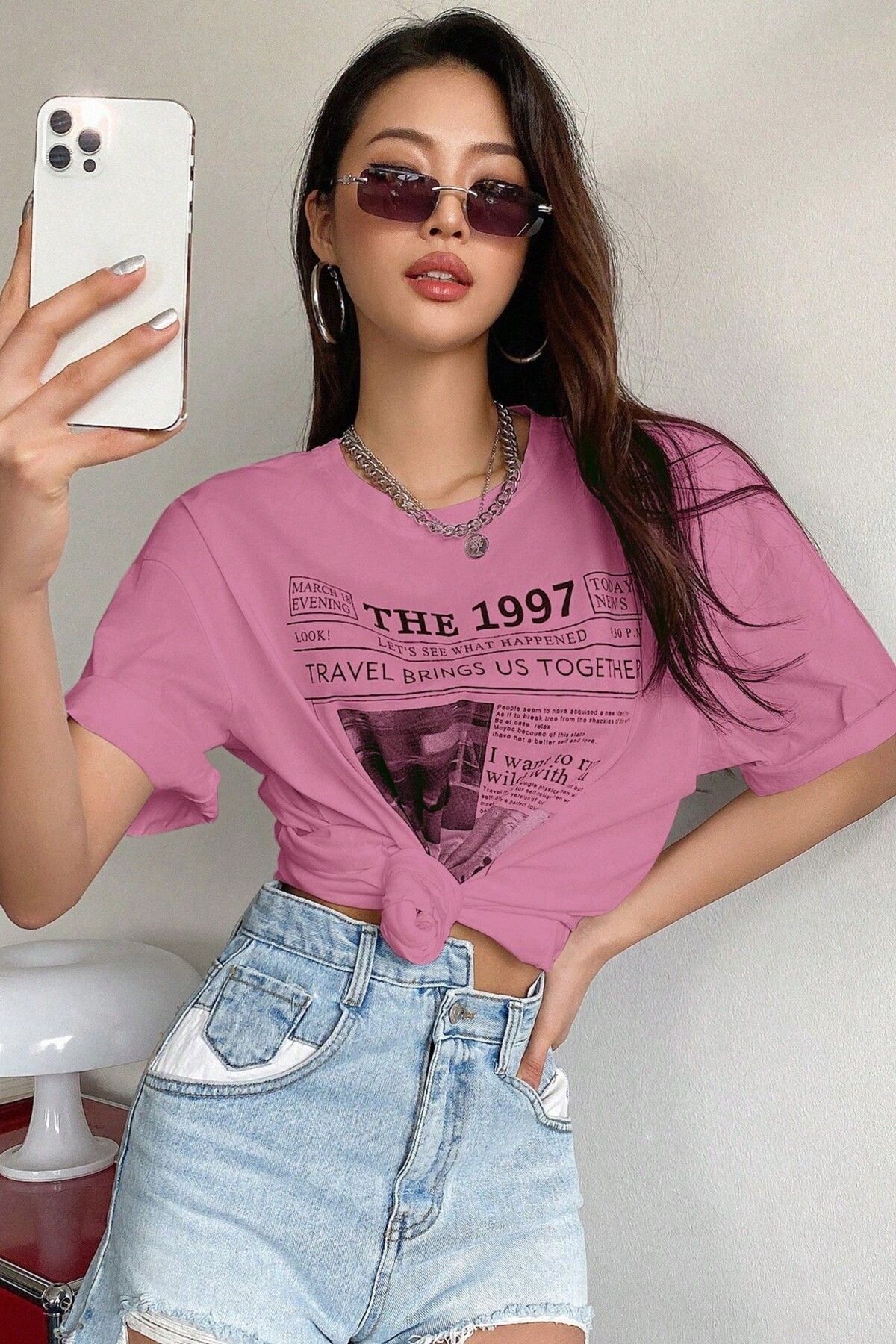 MODAGEN Kadın Bej The 1997 Baskılı Oversize T-shirt