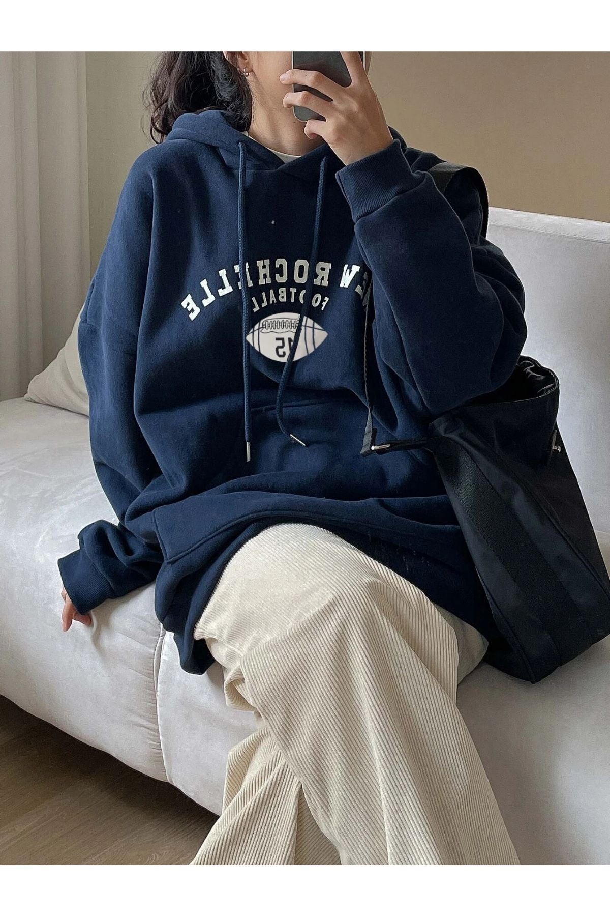 Benisengiydir Kadın Lacivert Rochelle Yazı Baskılı Oversize Kapüşonlu Sweatshirt