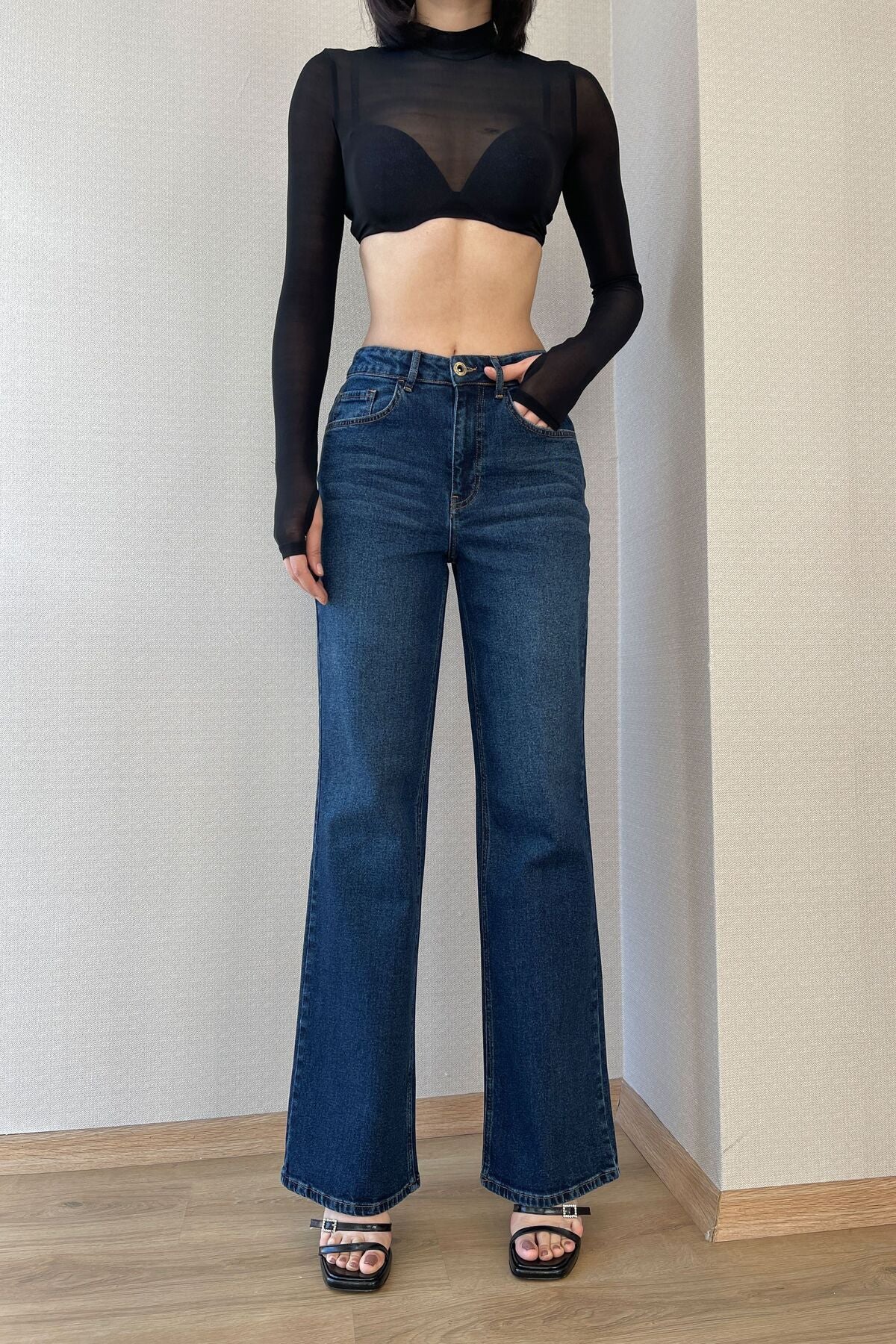 HLT JEANS Koyu Mavi Kadın Wide Leg Jean Yüksek Bel Palazzo Likralı Esnek Kot Pantolon Jessica-kymavi