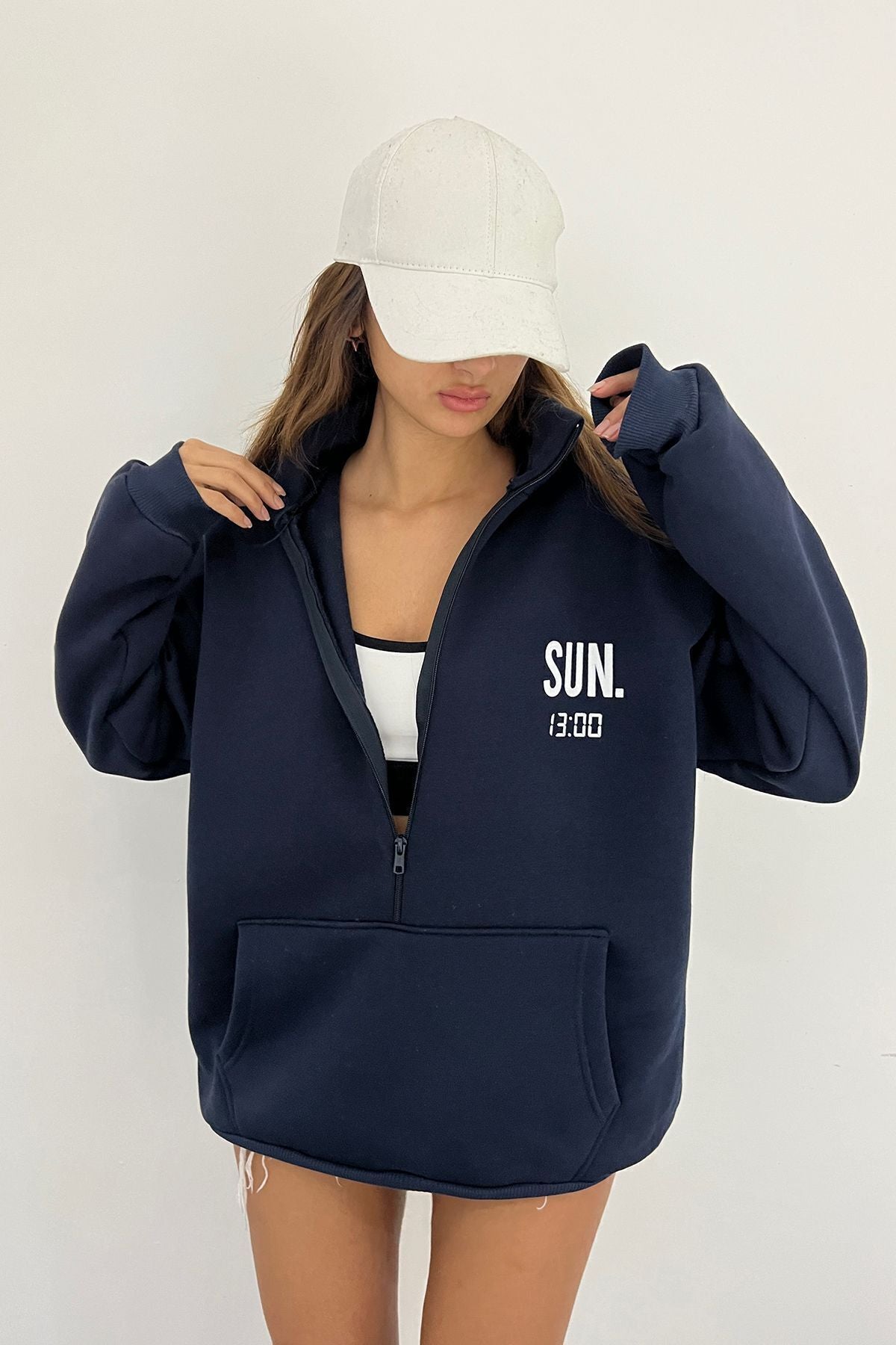 Sun Victoria Lacivert Unisex Dik Yaka Fermualı Oversize 3 Iplik İçi Şardonlu Baskılı Sweatshirt