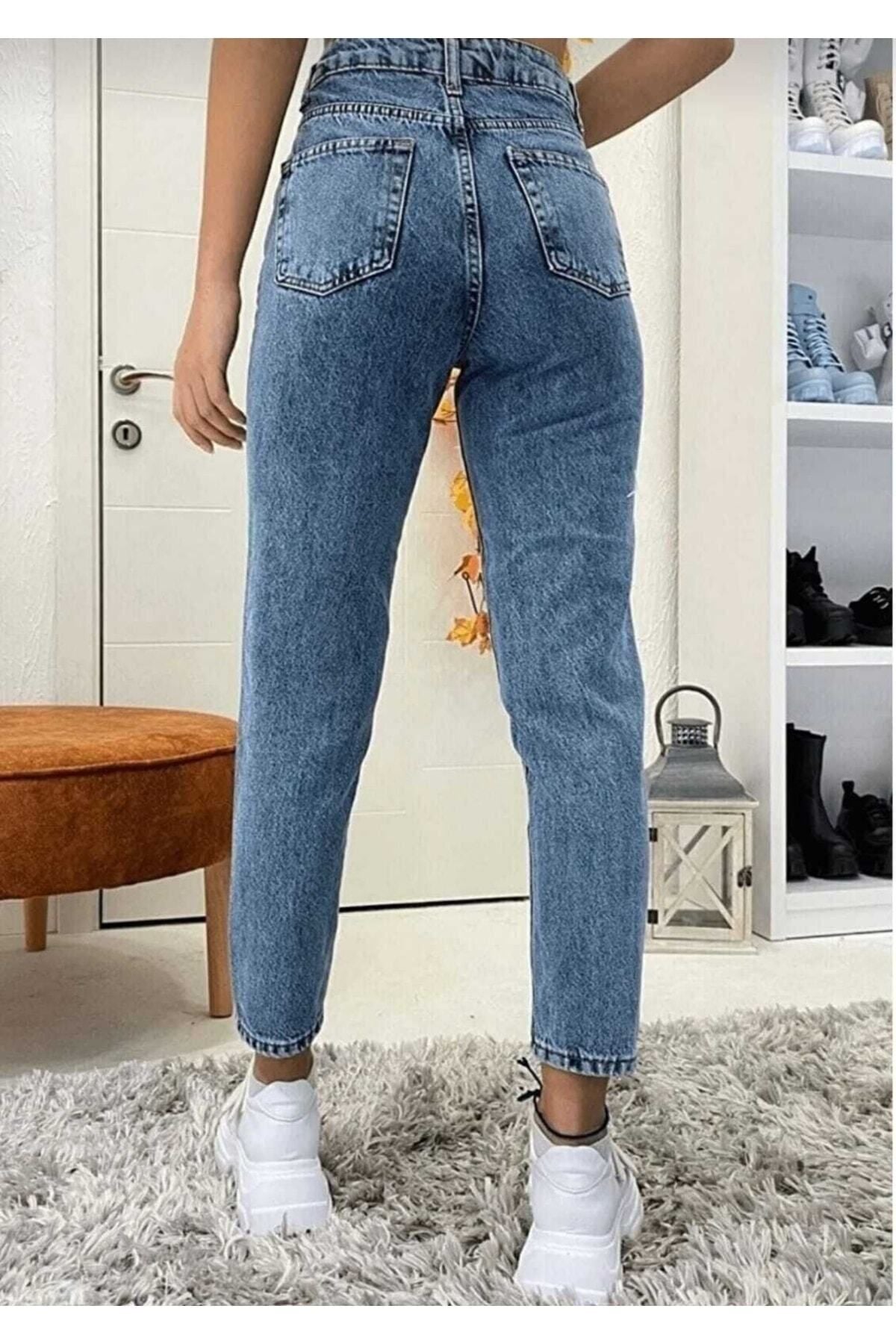 geenz manifacture Ngbutika Açık Mavi Mom Jeans Likralı Yüksek Bel Mavi Kar Yıkamalı Mom Kot Pantolon Ekstra Esnek