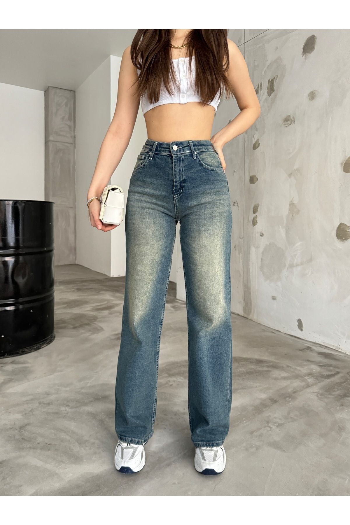 BİKELİFE Kadın Soluk Efekt Vintage Yüksek Bel Wide Leg Jeans