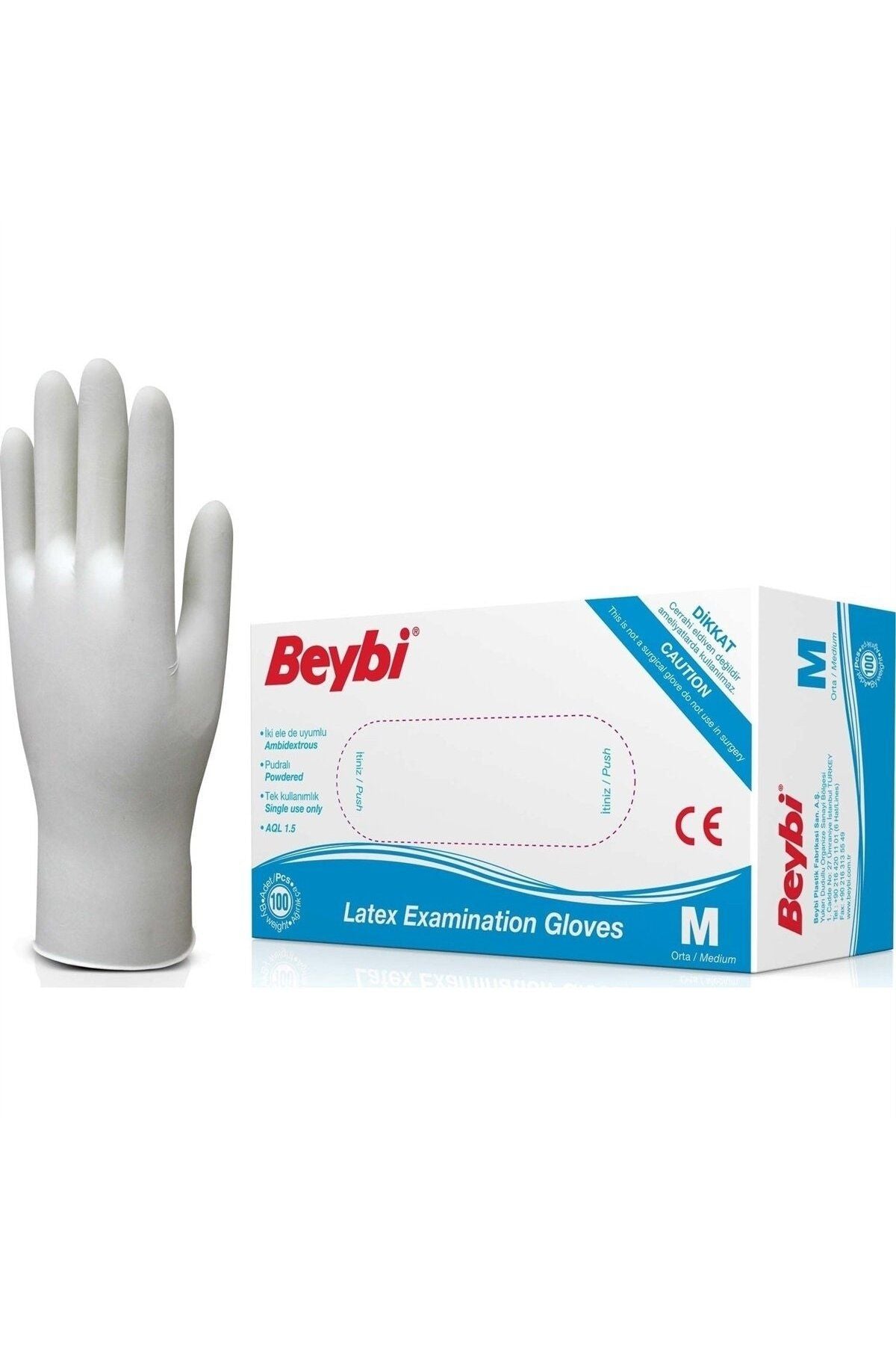 BEYBİ Lateks Pudralı (M) Medium Beden Muayene Eldiven 100lü Paket