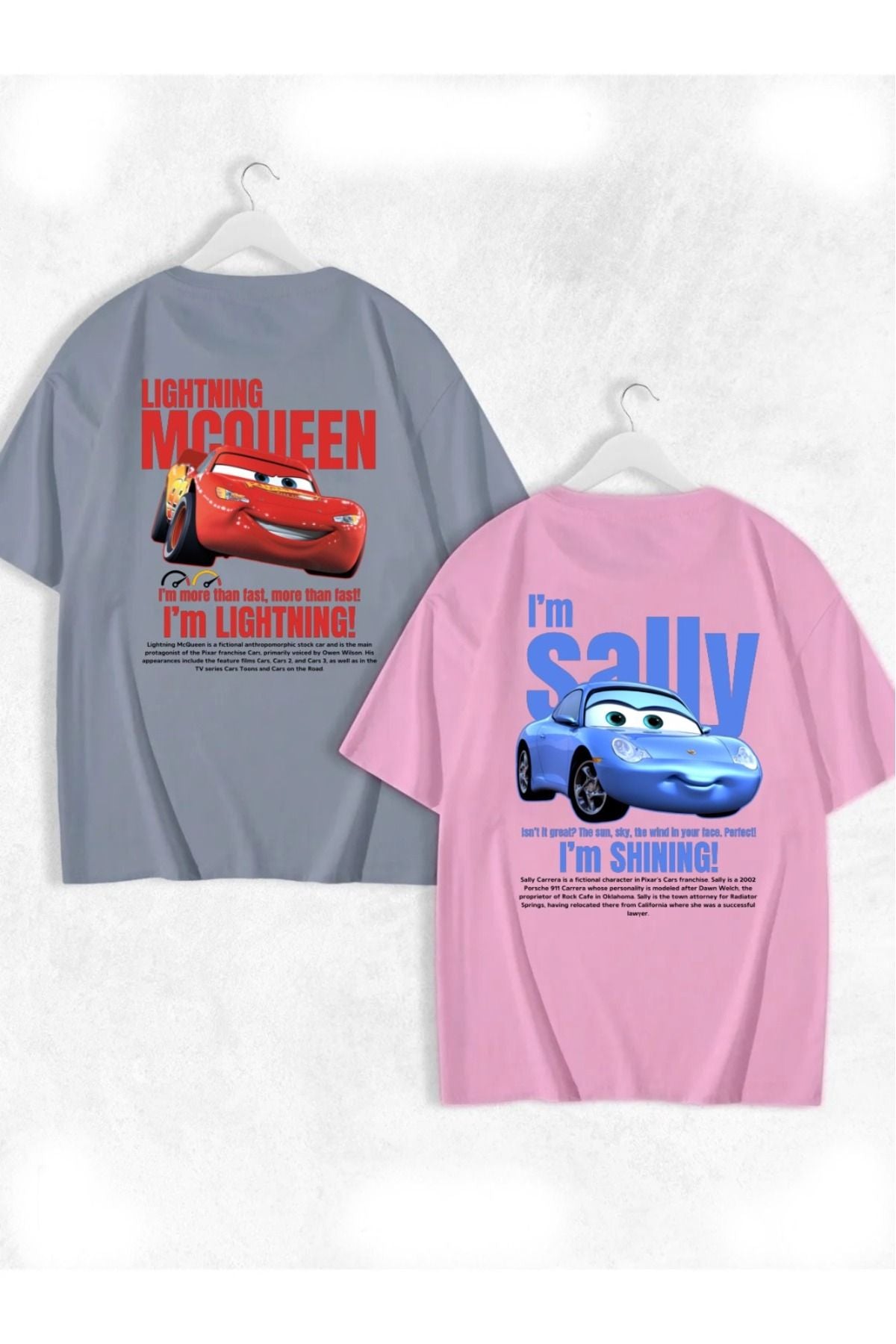 FULL TOLERANCE Unisex Siyah Beyaz I'm Sally Ve Şimşek McQueen Cars Baskılı 2'li Kısa Kol %100 Pamuk T-shirt