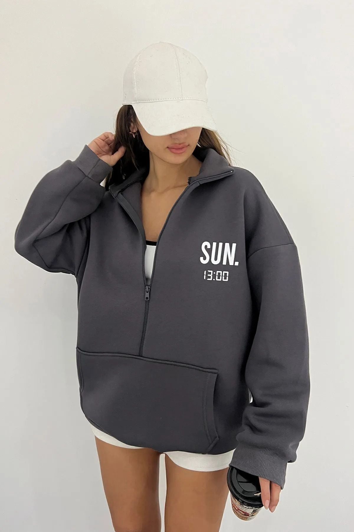 Sun Victoria Lacivert Unisex Dik Yaka Fermualı Oversize 3 Iplik İçi Şardonlu Baskılı Sweatshirt