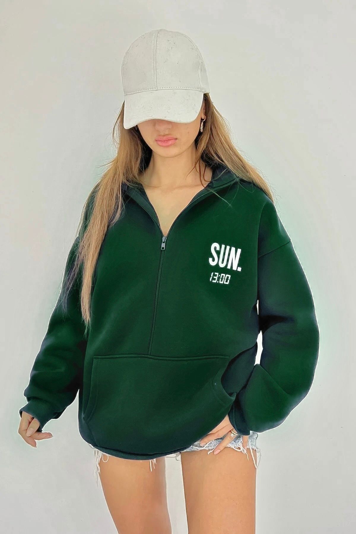 Sun Victoria Lacivert Unisex Dik Yaka Fermualı Oversize 3 Iplik İçi Şardonlu Baskılı Sweatshirt