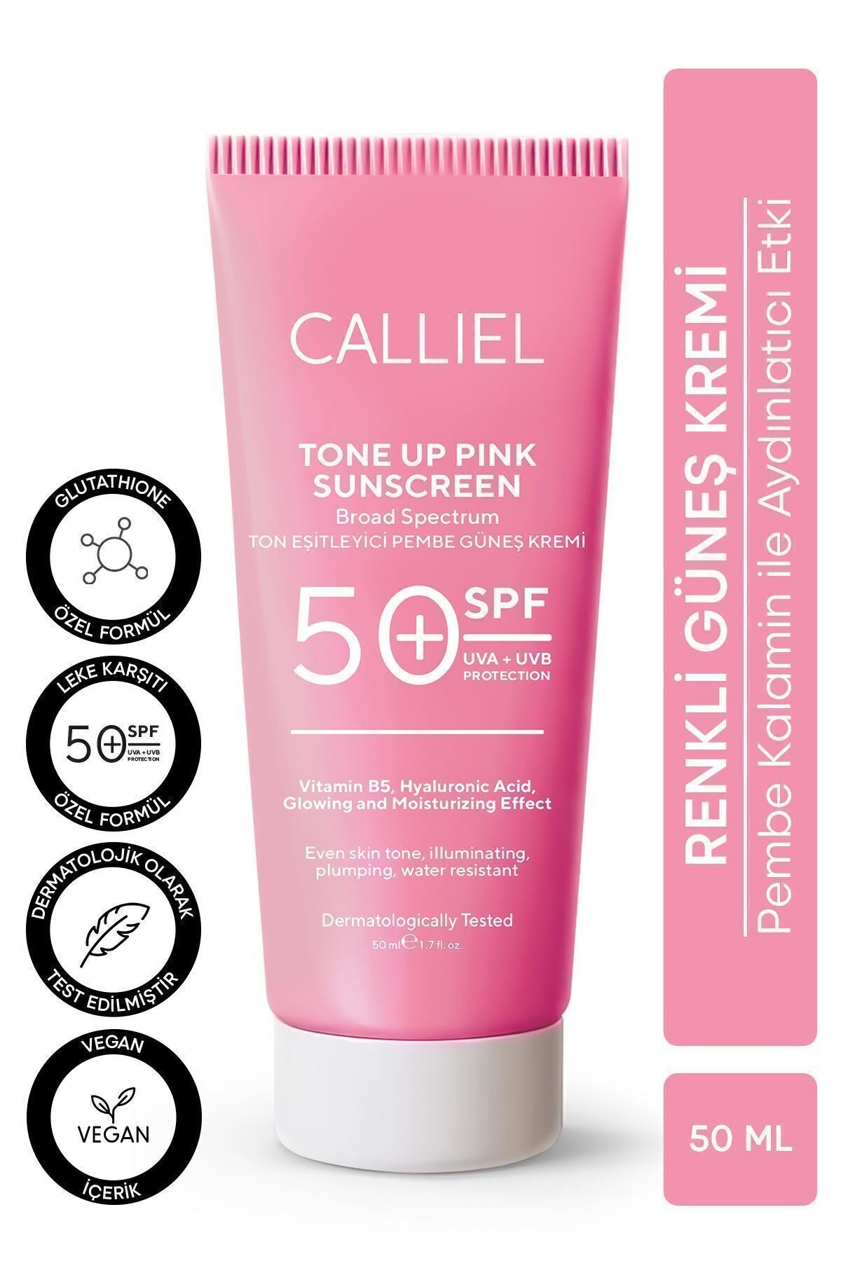 CALLİEL Ton Eşitleyici , Aydınlatıcı Spf 50+ Renkli Güneş Kremi Glutatyon, Hyaluronik Asit Etkili 50 ml