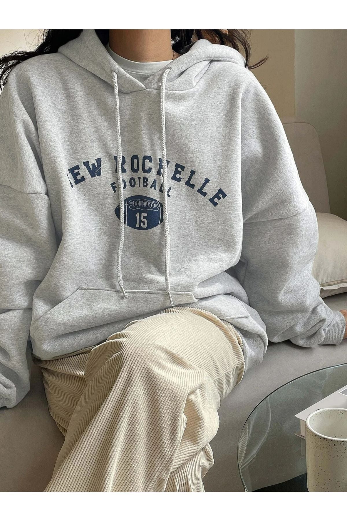 Benisengiydir Kadın Lacivert Rochelle Yazı Baskılı Oversize Kapüşonlu Sweatshirt