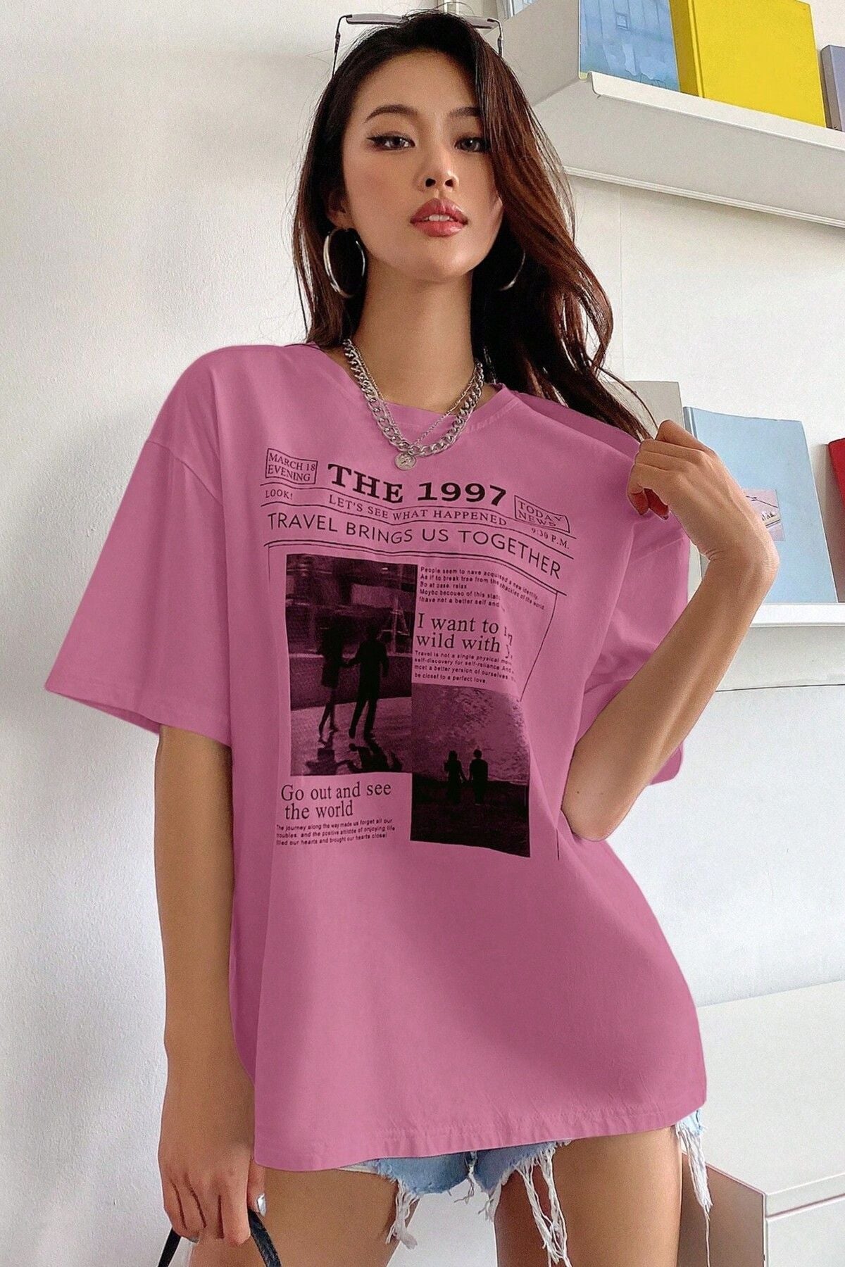 MODAGEN Kadın Bej The 1997 Baskılı Oversize T-shirt