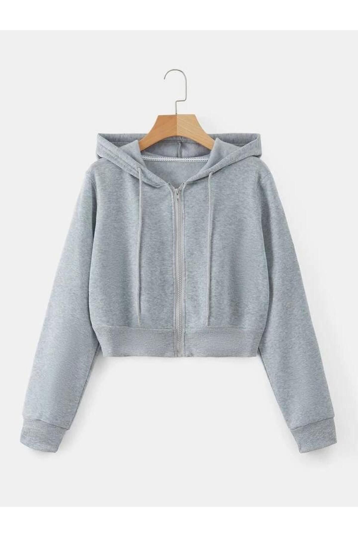 ER&WİER Kadın Fitted Crop Kapşonlu Zip Fermuarlı Polar Hırka Sweatshirt