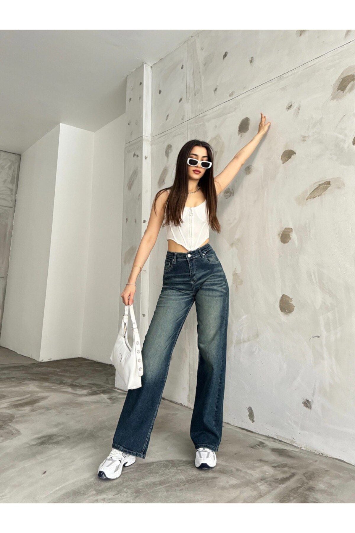 BİKELİFE Kadın Soluk Efekt Vintage Yüksek Bel Wide Leg Jeans