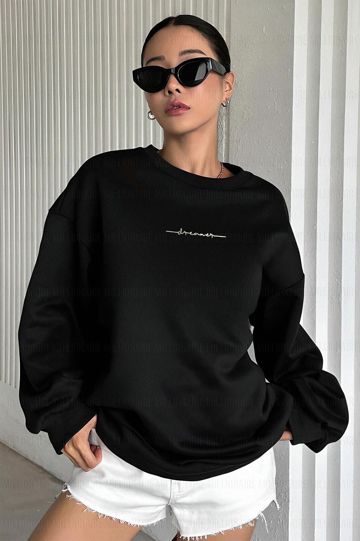 Millionaire Kadın Kırık Beyaz Krem Ekru Dreamer Baskılı 0 Sıfır Yaka Oversize Salaş Bol Kesim Polar Sweatshirt