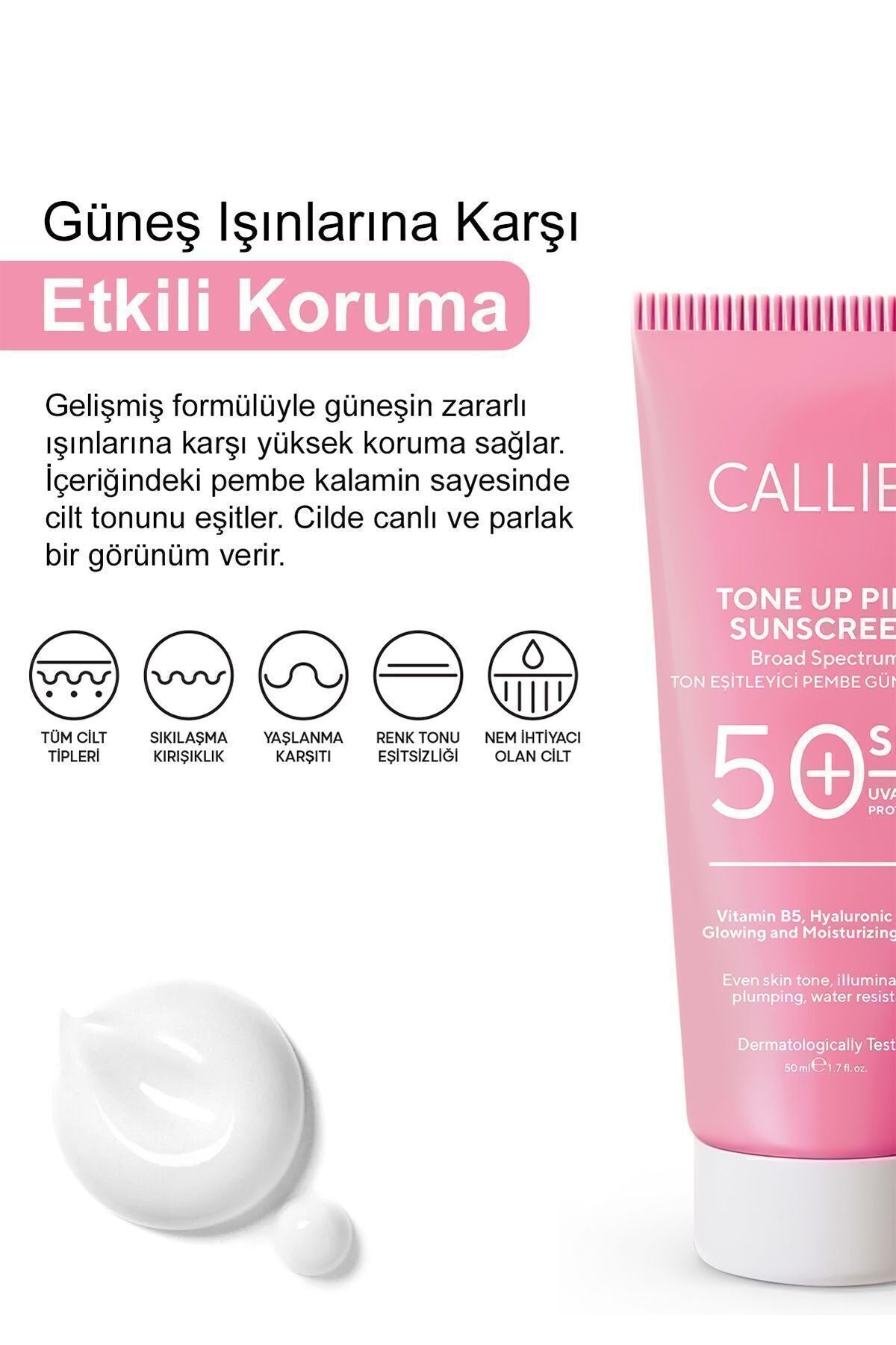 CALLİEL Ton Eşitleyici , Aydınlatıcı Spf 50+ Renkli Güneş Kremi Glutatyon, Hyaluronik Asit Etkili 50 ml