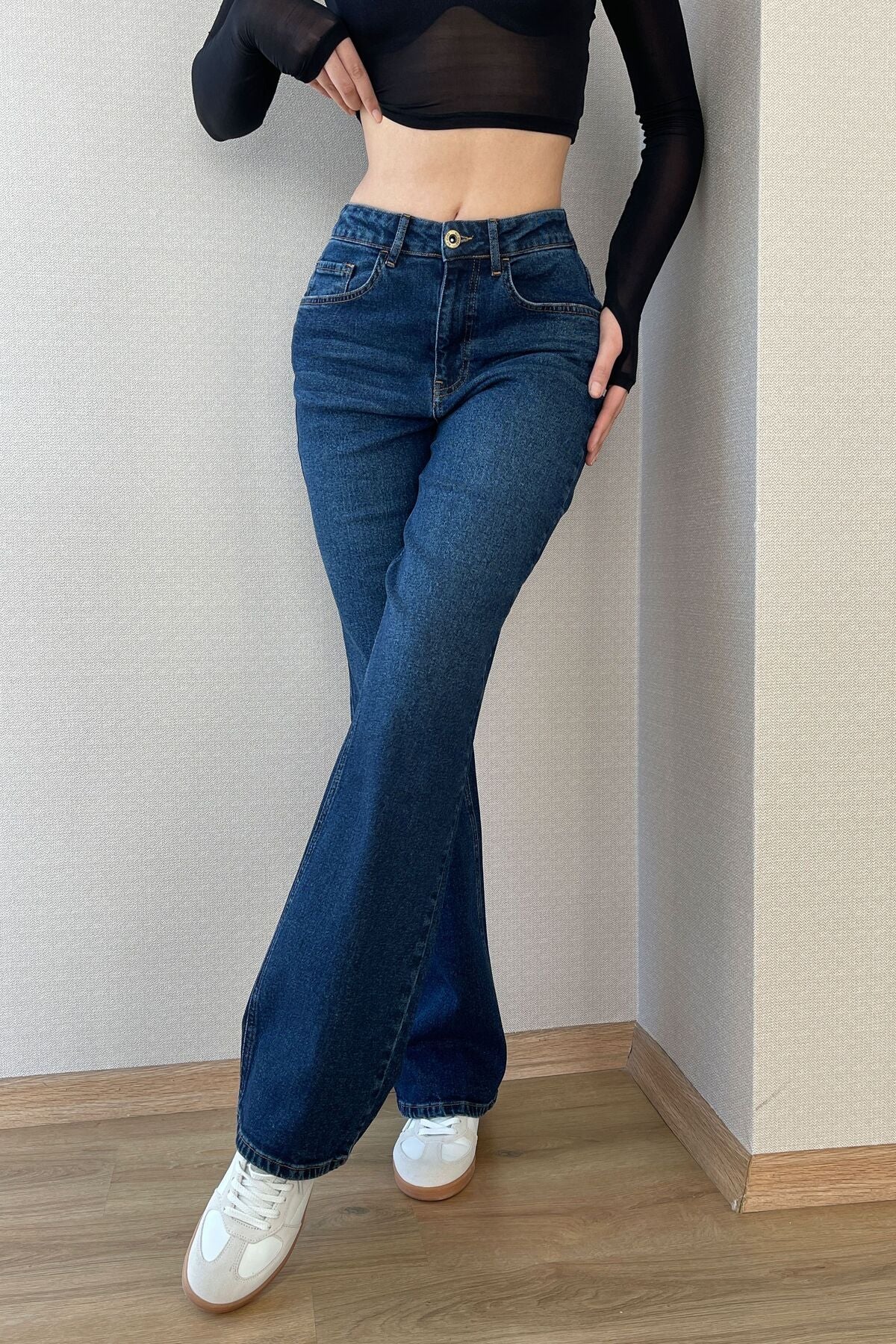 HLT JEANS Koyu Mavi Kadın Wide Leg Jean Yüksek Bel Palazzo Likralı Esnek Kot Pantolon Jessica-kymavi