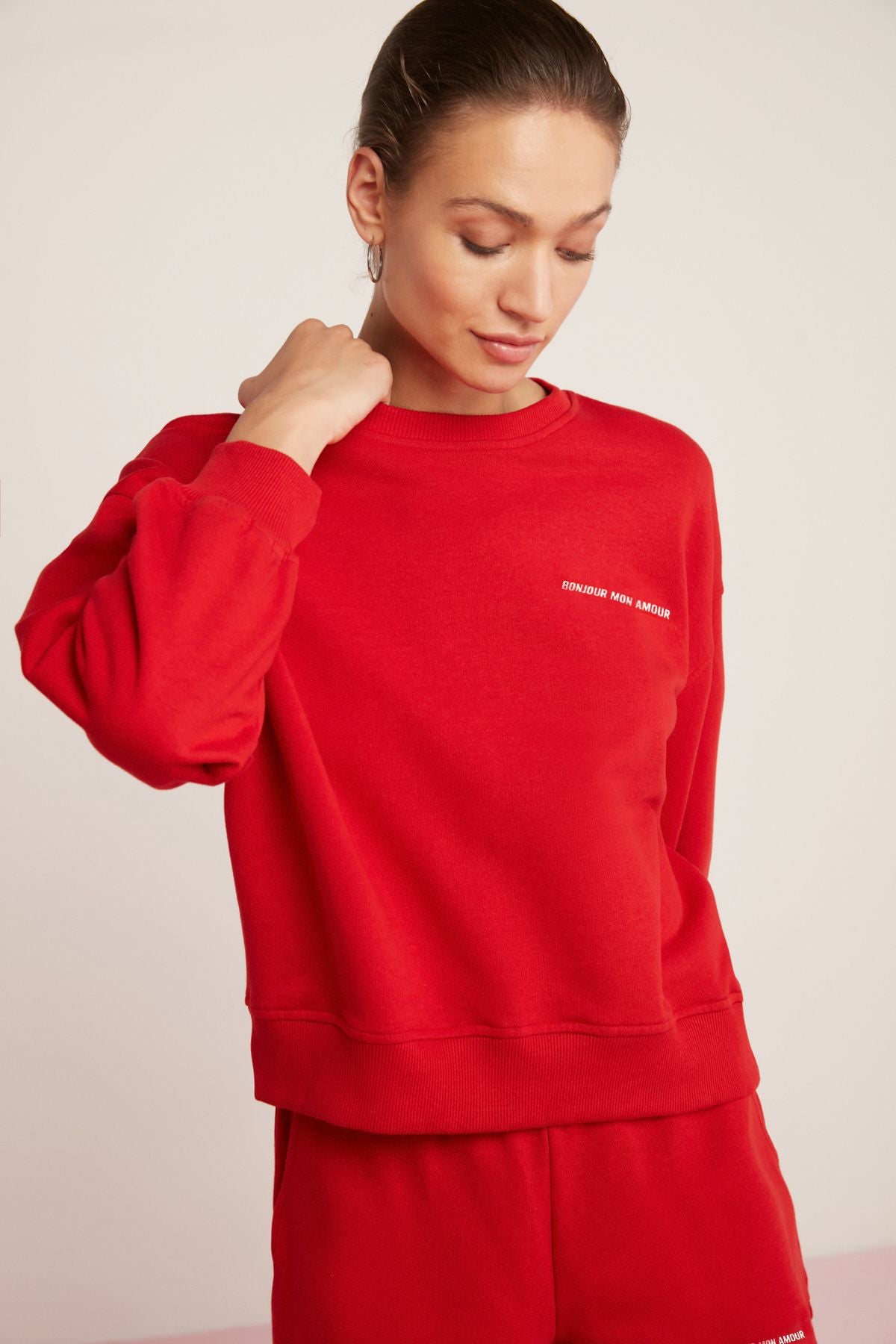 ETHIQUET Sandra Kadın Pamuklu Içi Polarlı Yumuşacık Göğsü Baskılı Yuvarlak Yaka Comfort Kırmızı Sweatshirt