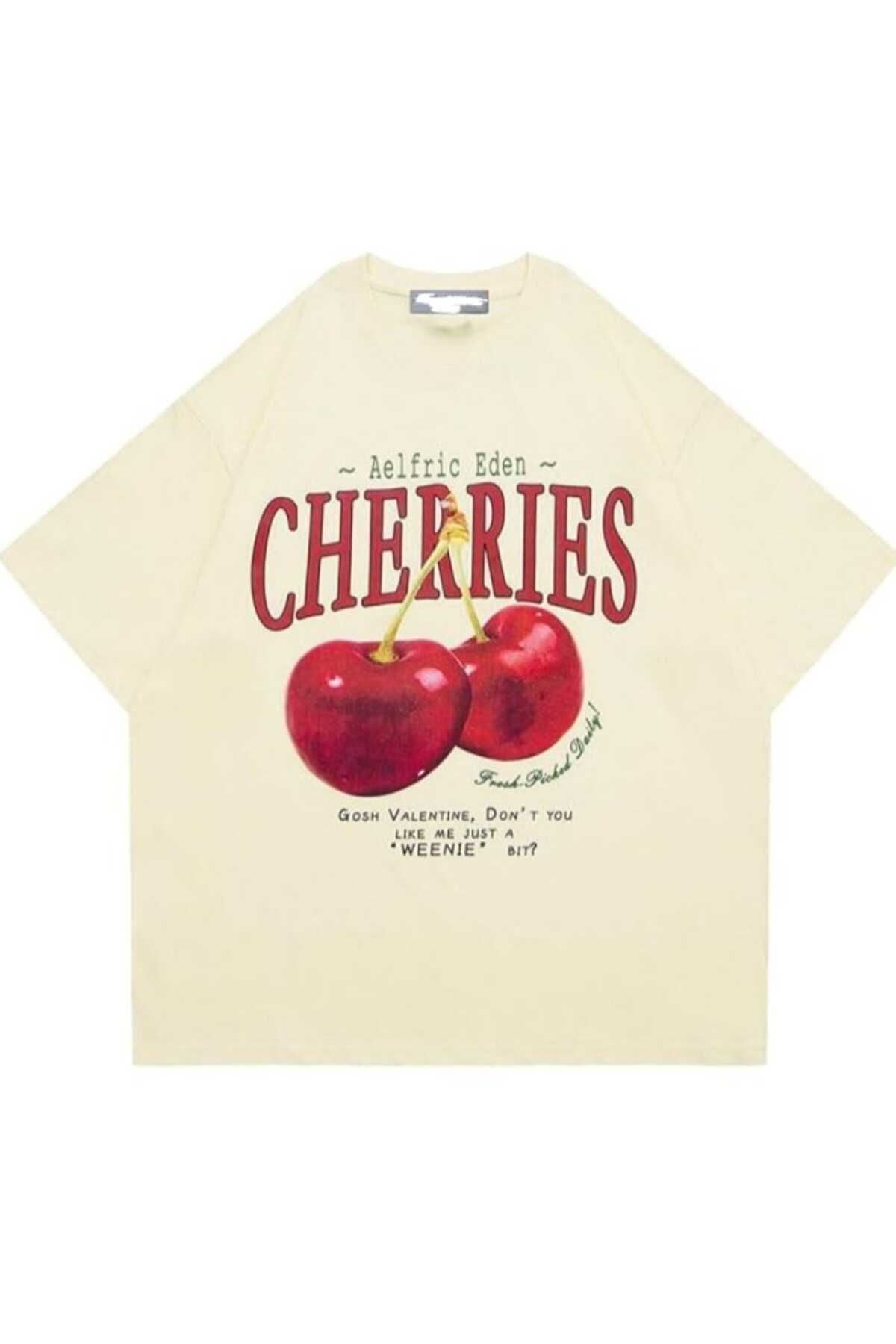 Elvino Red Cherries Baskılı Oversize Unisex  Tshirt