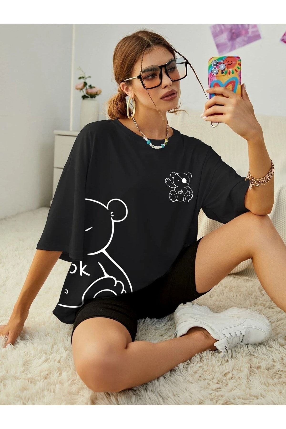 mercoledi Ayıcık Baskılı Kadın Oversize Salas T-shirt Boyfriend