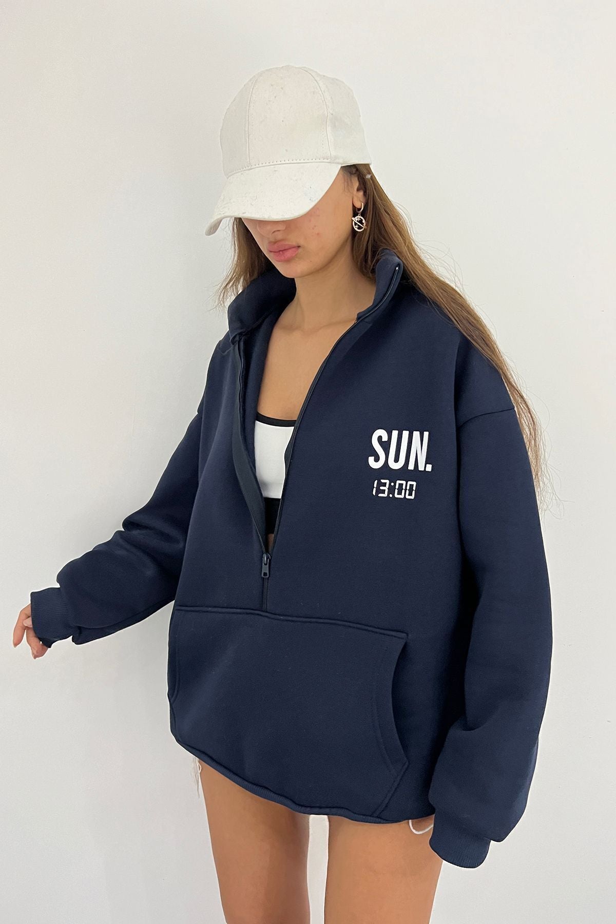 Sun Victoria Lacivert Unisex Dik Yaka Fermualı Oversize 3 Iplik İçi Şardonlu Baskılı Sweatshirt