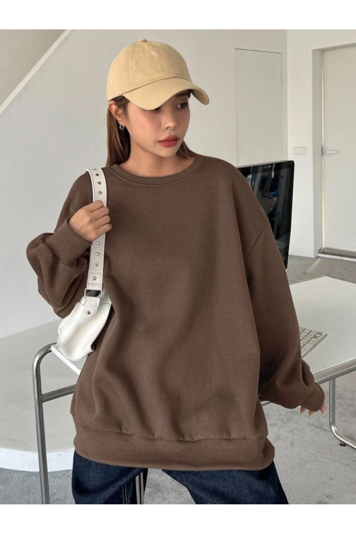 MODARİCH Füme Kalın Sweatshirt - Oversize Şardonlu Bisiklet Yaka