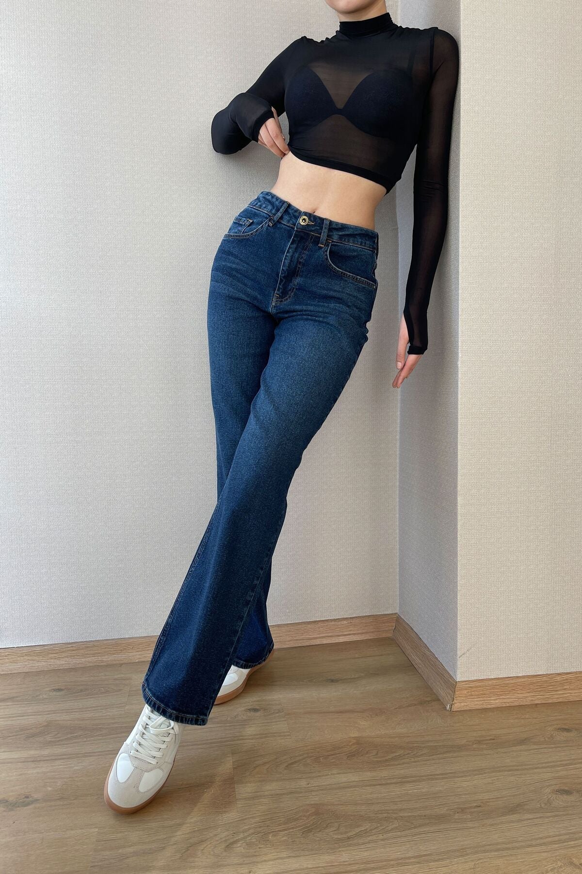 HLT JEANS Koyu Mavi Kadın Wide Leg Jean Yüksek Bel Palazzo Likralı Esnek Kot Pantolon Jessica-kymavi