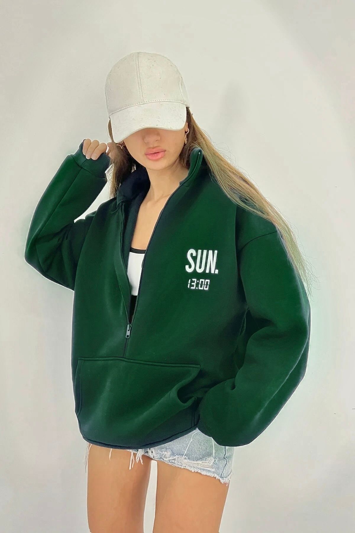 Sun Victoria Lacivert Unisex Dik Yaka Fermualı Oversize 3 Iplik İçi Şardonlu Baskılı Sweatshirt