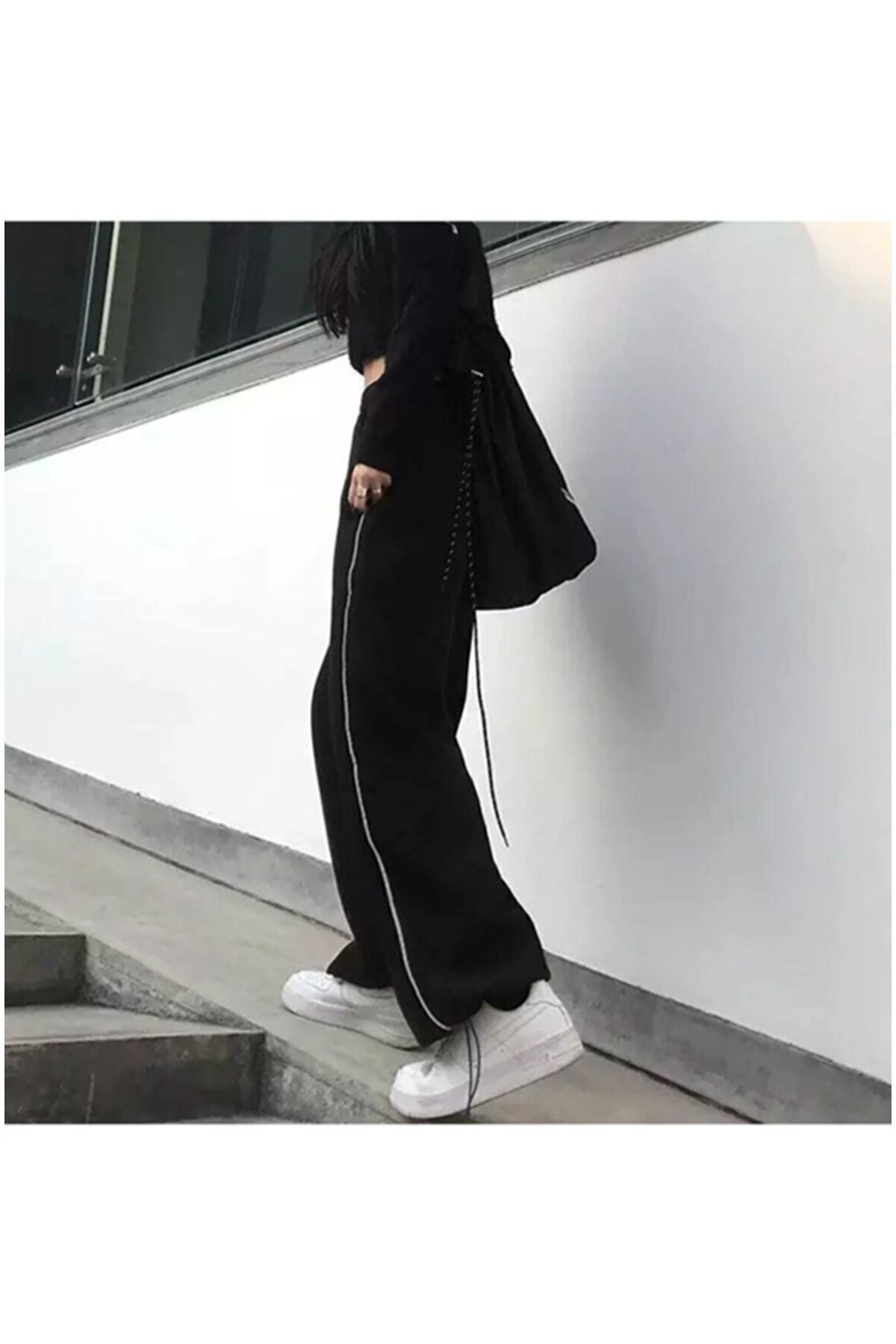 pandy Harajuku Zip Detail Black Tracksuit Oversize Eşofman Altı