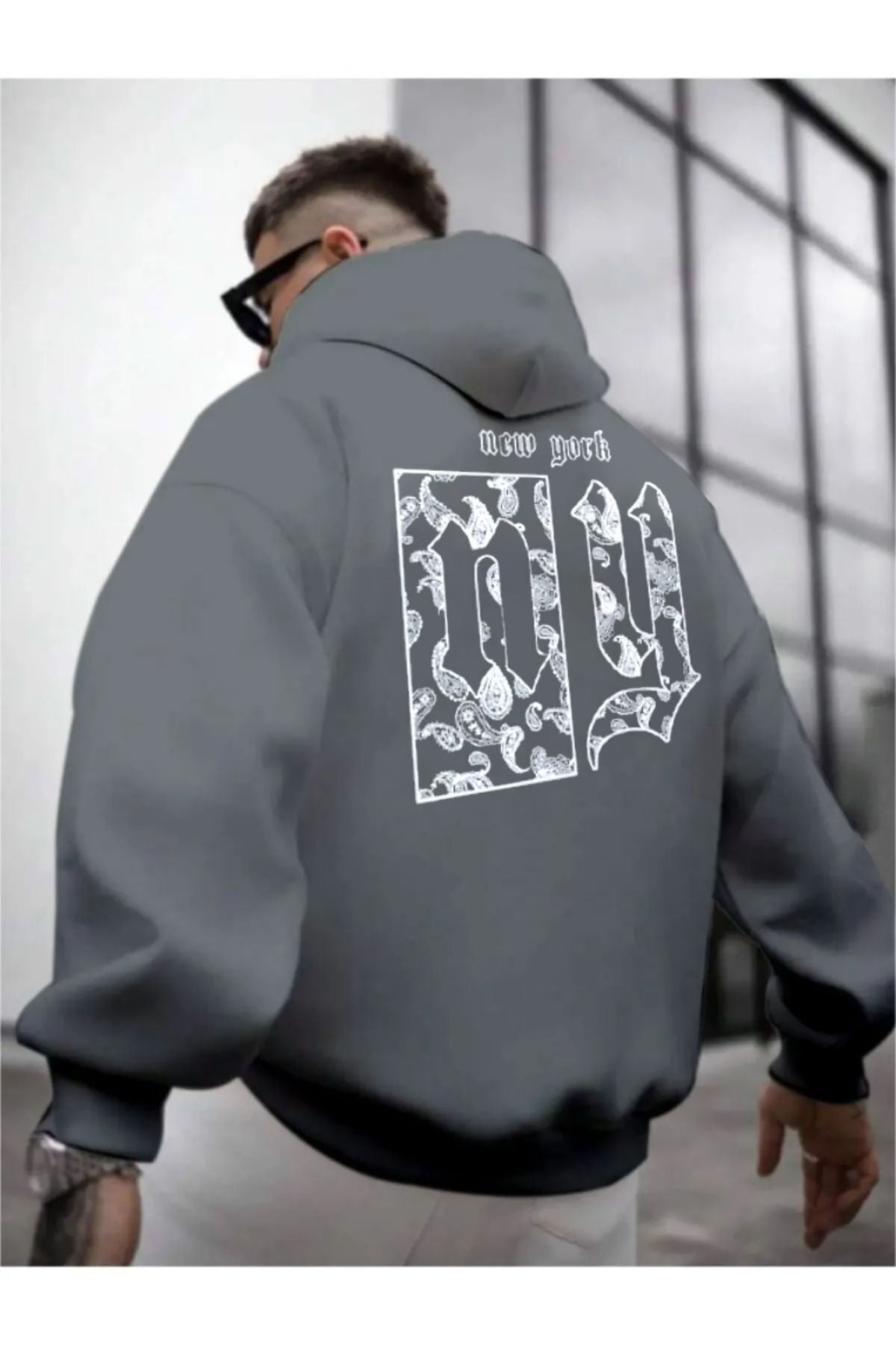 Altamira Erkek Duman Gri Sırt NY Baskılı Kapüşonlu Sweatshirt