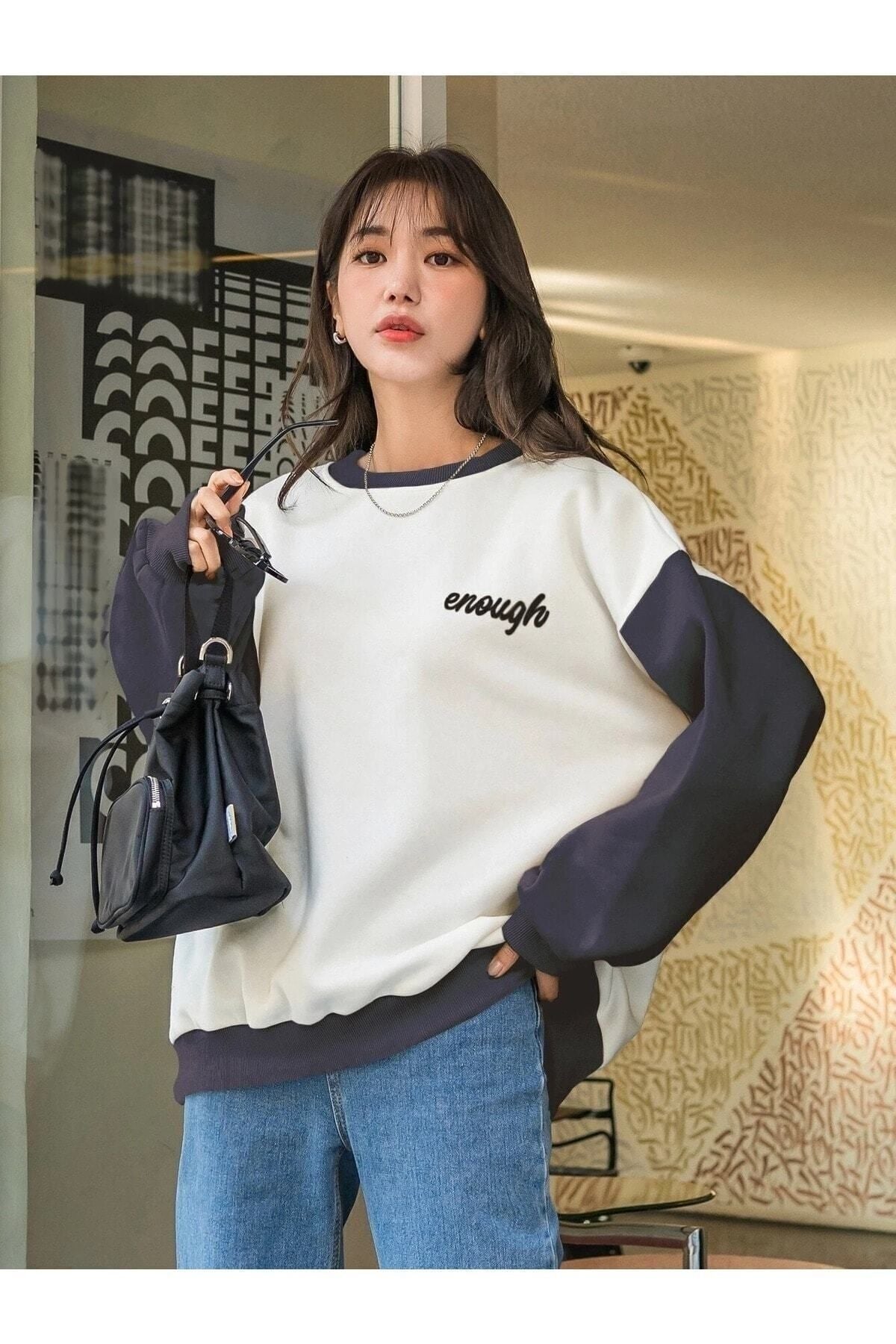 Know Kadın 3 Iplik Beyaz Enough Baskılı Füme Kol Detay Oversize Sweatshirt