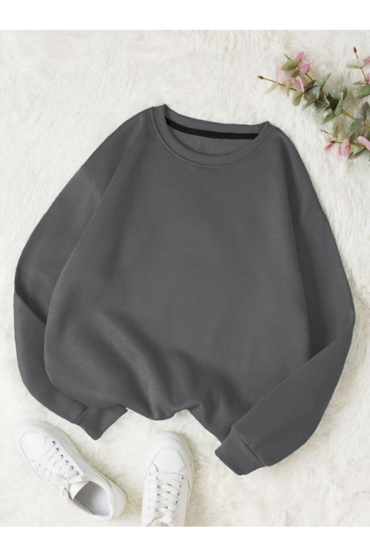 Know Kadın 3 Iplik Füme Düz Bisiklet Yaka Sweatshirt